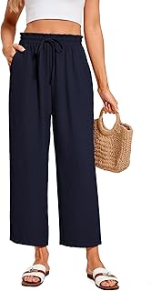 Wide Leg Pants Woman Casual Flowy Palazzo High Waist Cropped Trousers with Pockets Summer Beach Vacation Clothes