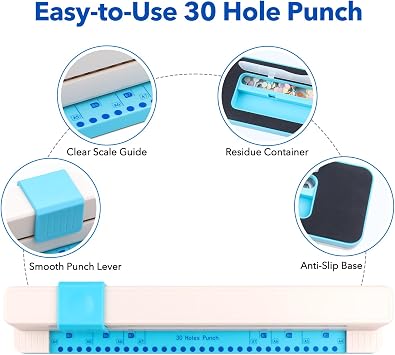 30 Hole Paper Punch, Binding Machine for Planner, A4 A5 A6 A7 B5 B6 B7 Book Binder Notebooks Loose Leaf Paper Punch Machine, Portable Adjustable Hole Puncher, 5-Sheet Capacity, for School, Office