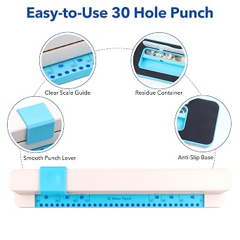 30 Hole Paper Punch, Binding Machine for Planner, A4 A5 A6 A7 B5 B6 B7 Book Binder Notebooks Loose Leaf Paper Punch Machine, Portable Adjustable Hole Puncher, 5-Sheet Capacity, for School, Office
