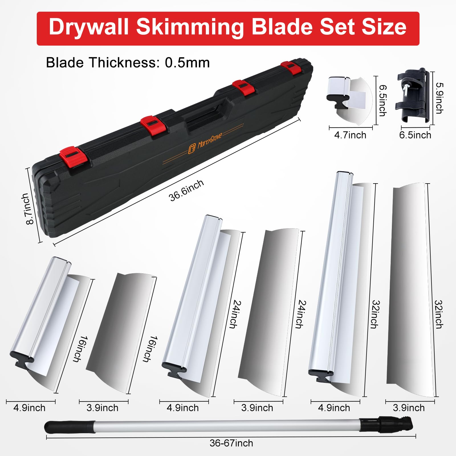 Drywall Skimming Blade Set - 10", 24" & 32" Blades 37" - 63" Extension Handle | LEVEL5 | Pro-Grade | Extruded Aluminum & European Stainless Steel Construction | High-Impact End Caps