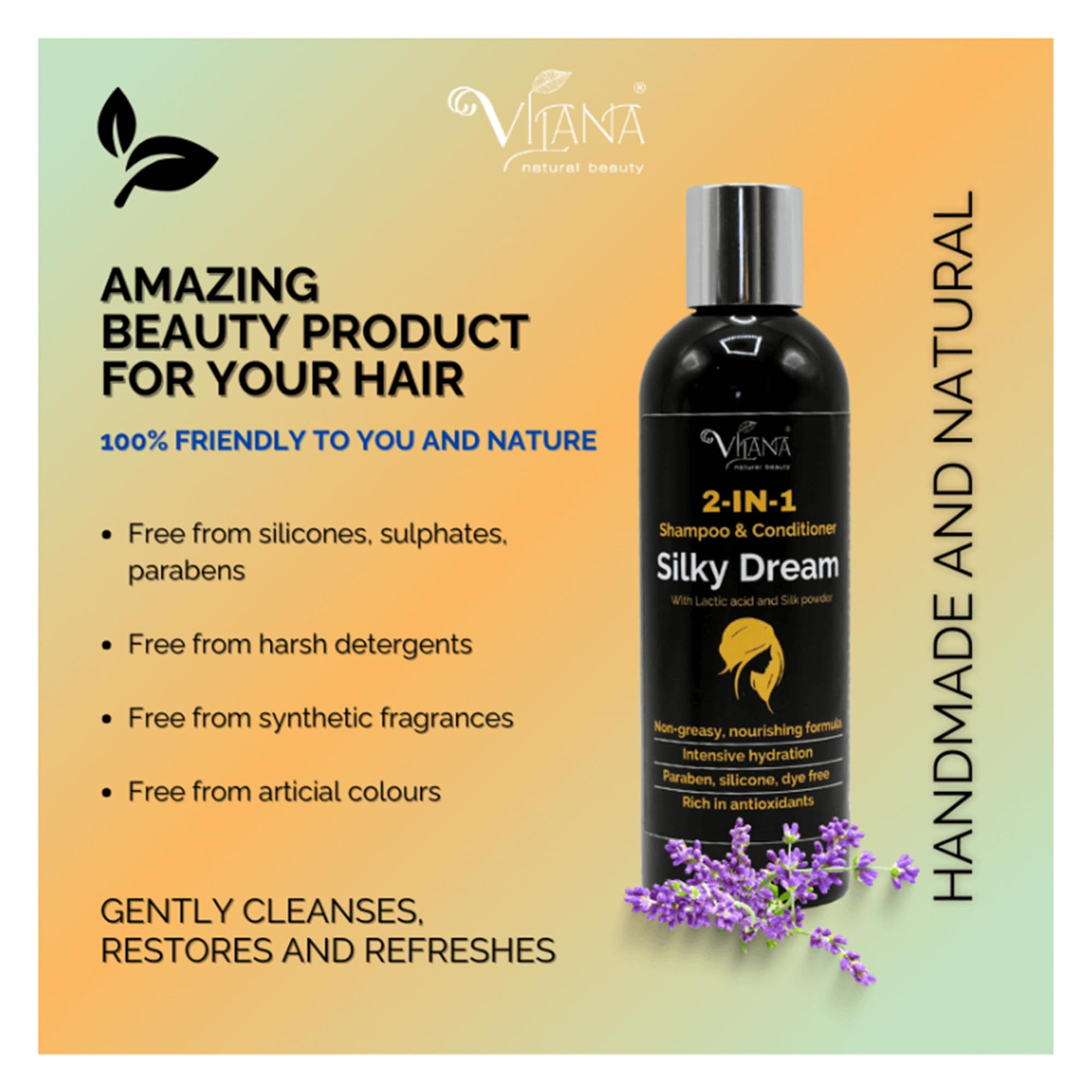 Vilana Natural Beauty Silky Dream Natural Hair Shampoo&Conditioner 2 in1 for all Hair Types Nourishes&Helps Restore Healthy Hair Structure Sulphate Free Shampoo for Damaged Dry&Tangled Hair 480ml - Image 4