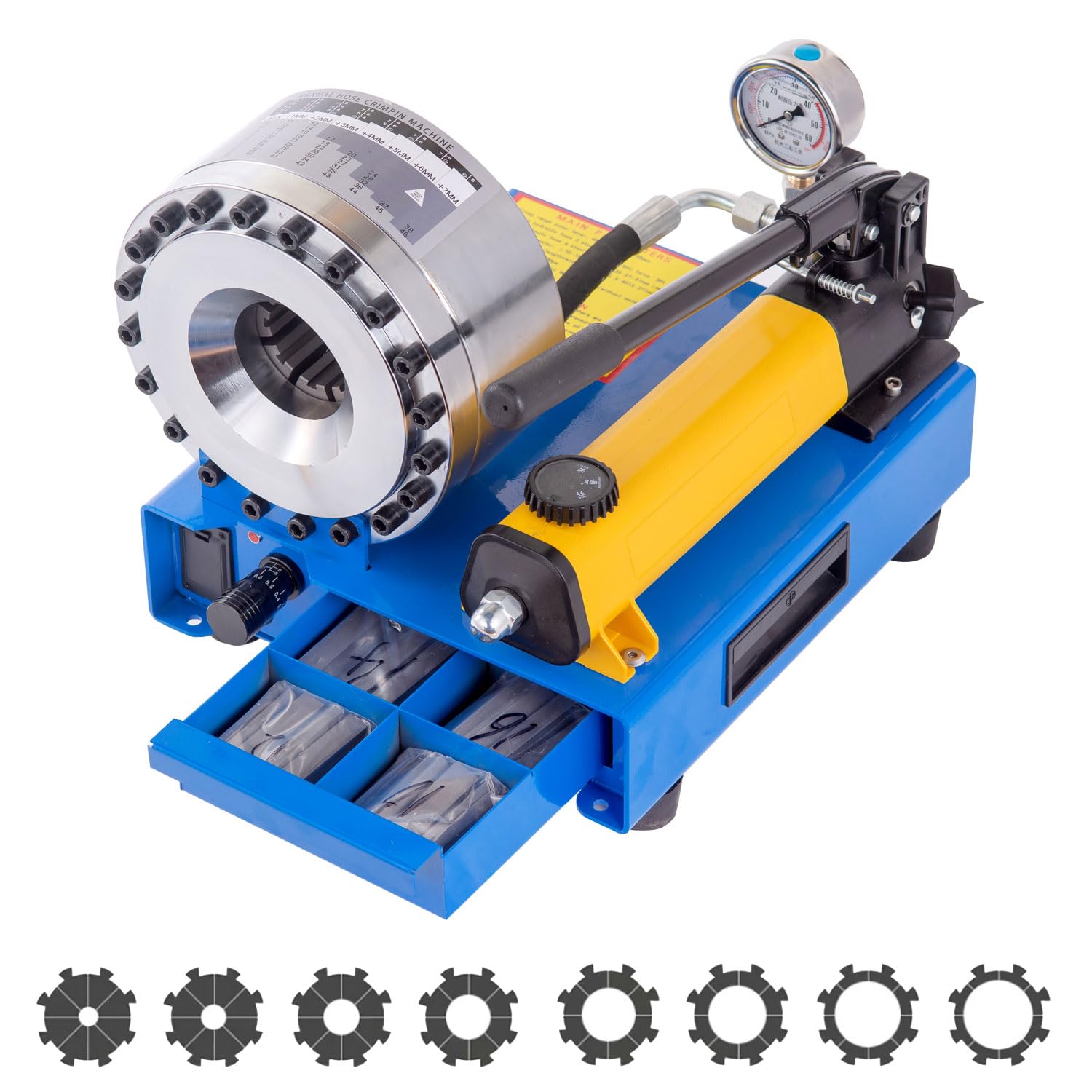 Hose Crimper with 8 Drill Sets,Hydraulic Manual Crimping Machine,Single and Double Braided Hose Crimper with Diameters 0.25 to 1 Inch (1000 Tons)