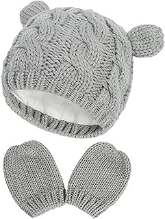 اكسيفور مجموعة قفازات وقبعة صغيرة شتوية للاطفال حديثي الولادة، قبعة محبوكة وقفازات دافئة مع اذنين للاولاد والبنات من عمر 6-18 شهر