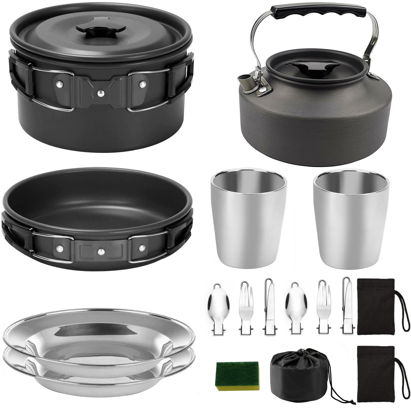Set di pentole da campeggio, in lega di alluminio, leggero, con pentole e padelle in acciaio inox, piatti, forchette, coltelli, cucchiai, per 2-3 persone