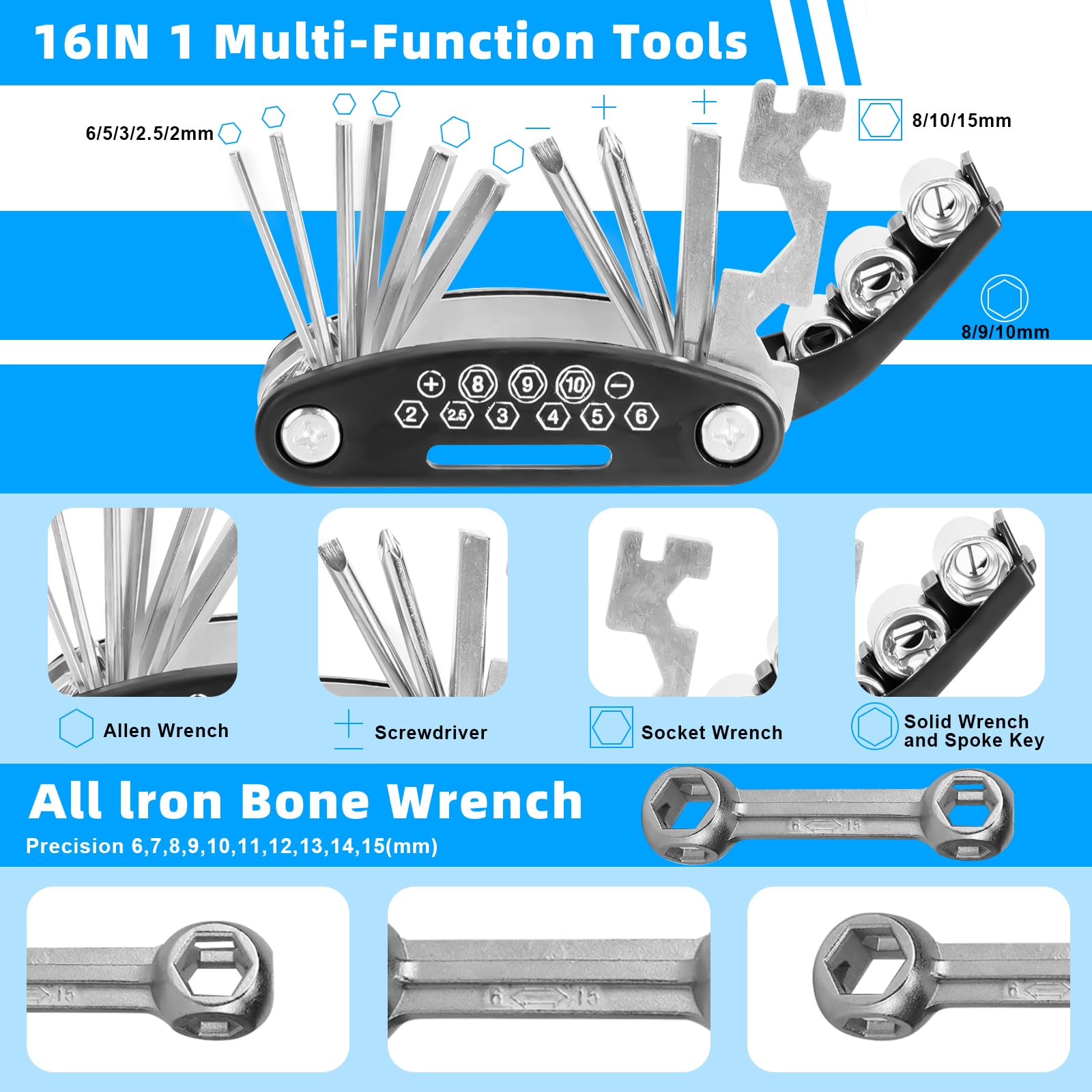 Trousse Outils Réparation Vélo ELEOPTION 16 En 1 - Pompe, Démonte-Pneus, Rustines Et Sacoche De Selle