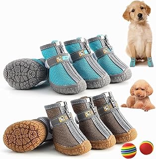 ドッグブーツ 犬靴 ドッグシューズ 犬用 室内 靴 小型犬中型犬ブーツ 犬 シューズ 雨靴 ペット 用 ブーツ 夜間反射テープ付き 肉球保護 履かせやすい 滑り止め 雨の日 通気性 愛犬のお散歩 介護 柔らかい 軽い メッシュシューズ 4個入り ドッグシューズ (ブルー,4#)