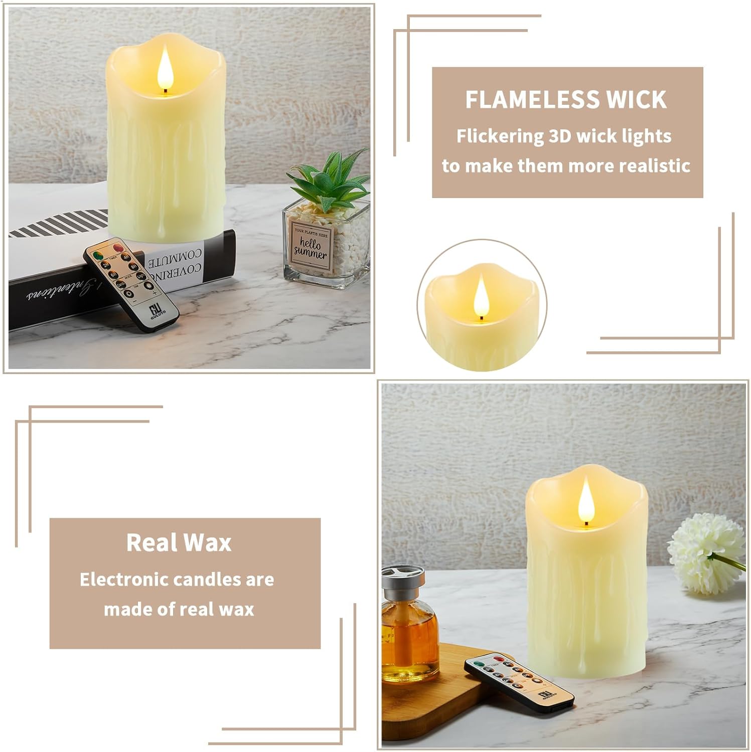 Flameless Candles with Rechargeable Battery, 3" x 5", Set of 2, Electronic Candles with Remote and Timer, led Pillar Candle Real Wax 3D Wick, Ivory led Candle for Home, Wedding, Christmas