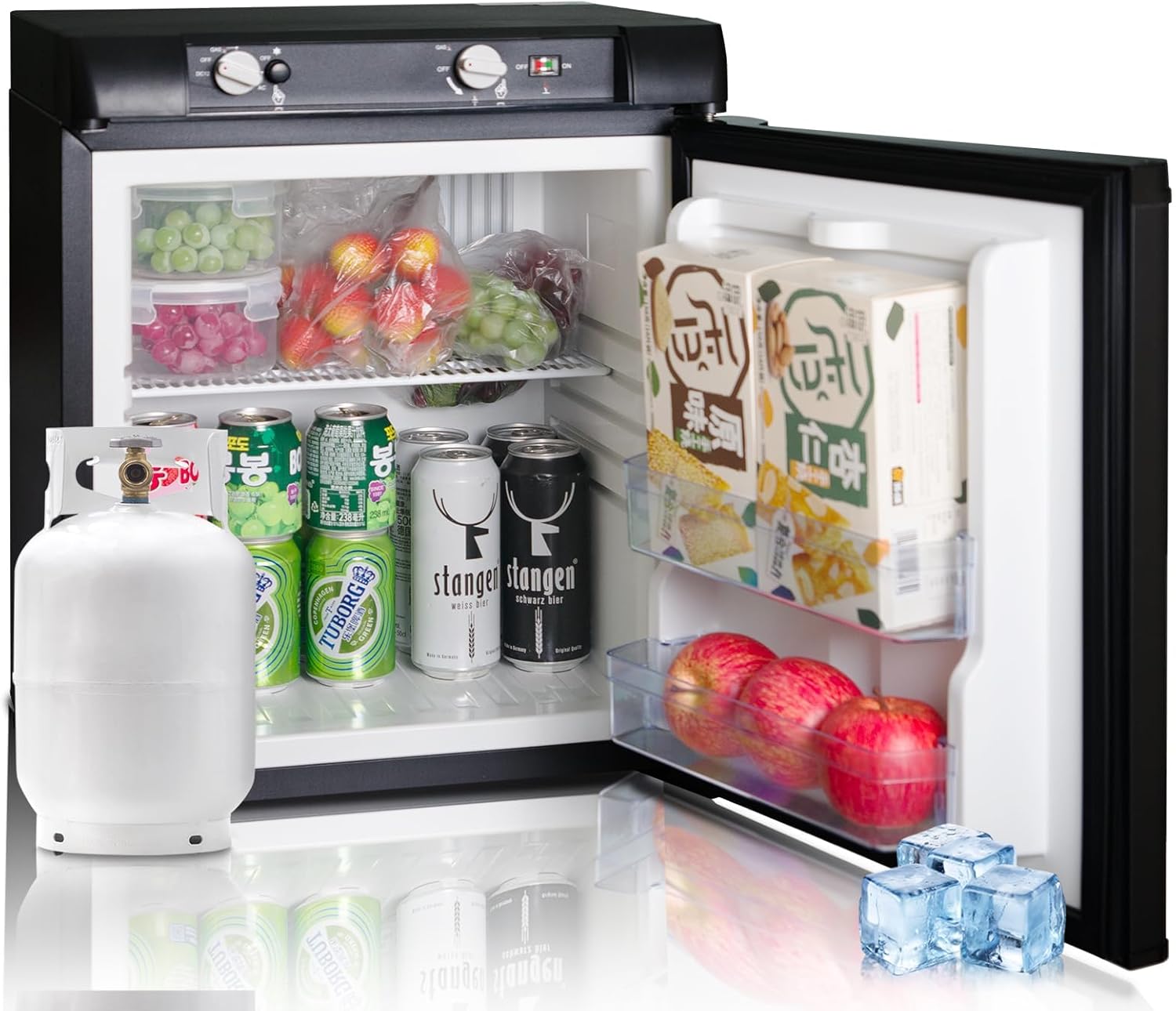 Propane Refrigerator off Grid 1.4 Cu.Ft, 3 Way RV Fridge, 12 V/110V/LPG Compact Gas Refrigerators for Semi Truck, Camper Van, Garage, Black