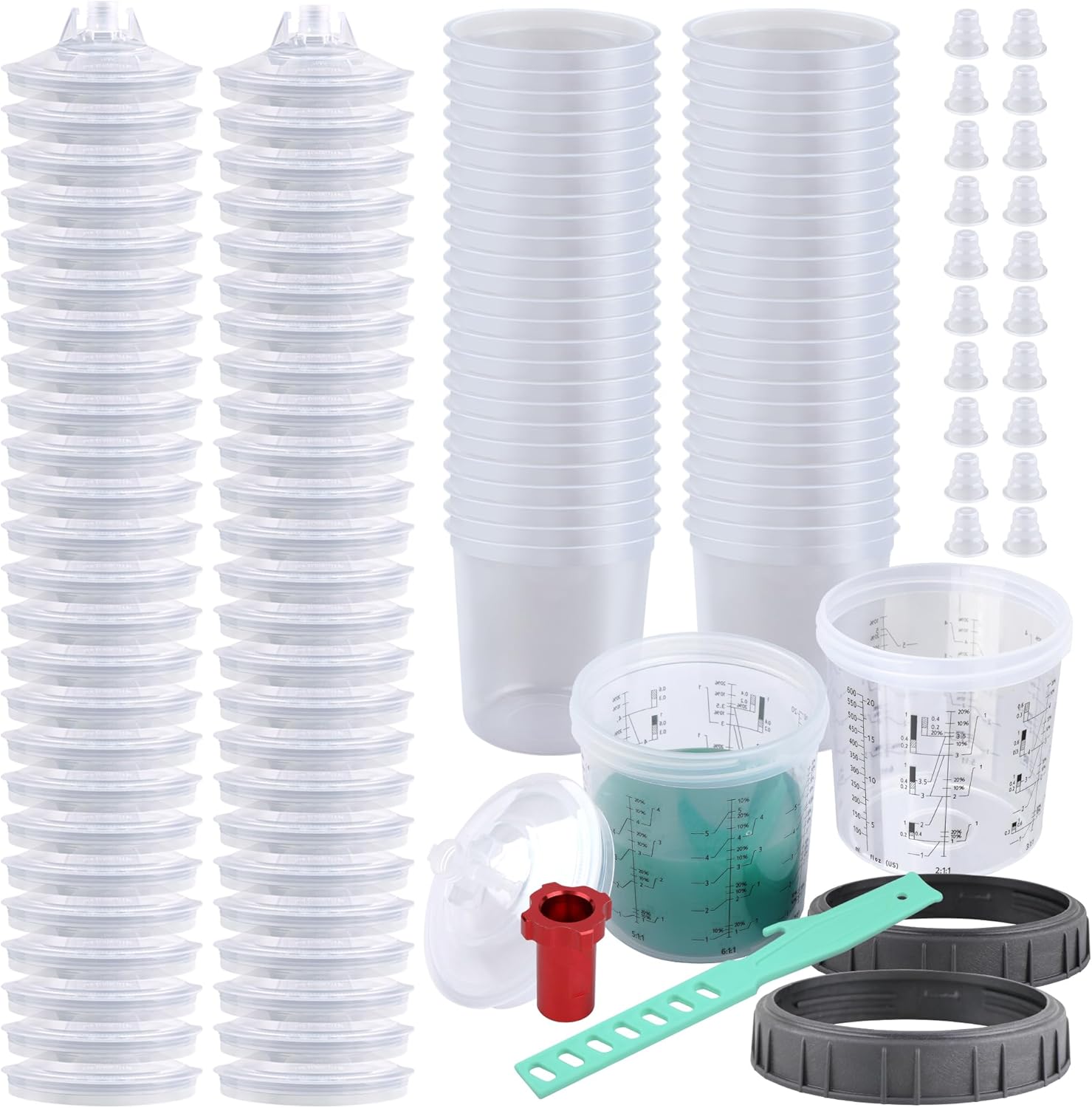 Disposable Paint Spray Gun Cups for Automotive Paint Gun, Paint Mixing Cups 20 Ounce Kit - 50 Pack Paint Cups with Lids,2 Hard Cups with 2 Retainer Rings,1 Paint Stirrer (50)