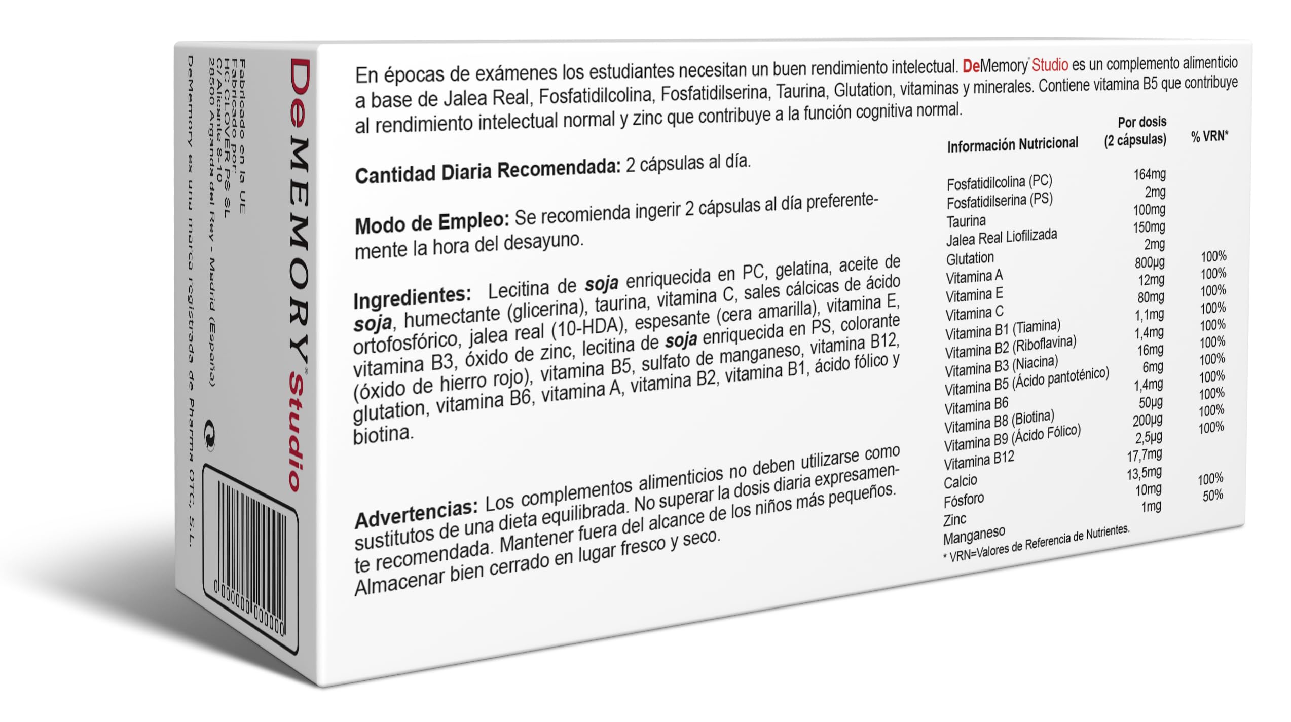 DeMemory Studio 60 Cápsulas - Pack 2 Unidades - Ayuda a la Concentración, Aprendizaje y Razonamiento - con Fosfatidilcolina, Fosfatidilserina, Taurina, Jalea Real, Vitaminas y Minerales