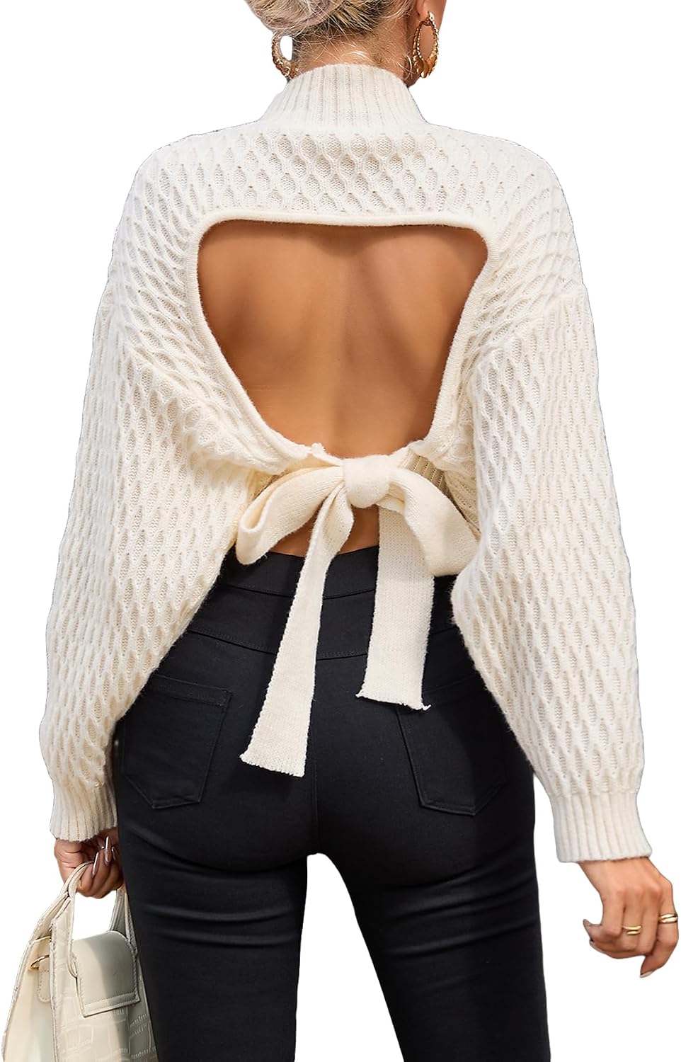 Women's Half Turtleneck Dropped Sleeve Side Slit Chunky Knit Jumper