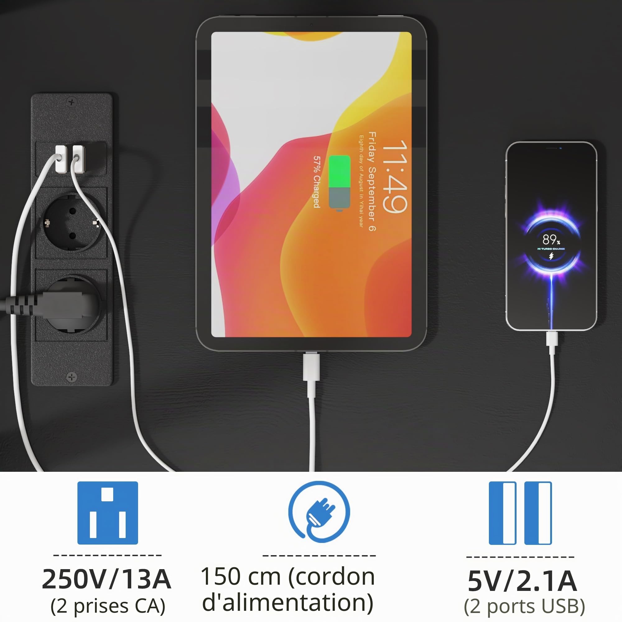 Meuble TV Roulette avec Prise & Tiroir 32-75" VESA 600x400, Noir | 2 Prises + 2 Ports USB | Tiroir Tissu | Rangement Étagère | Hauteur Réglable | Roulettes | Charge 50kg | Salon/Bureau