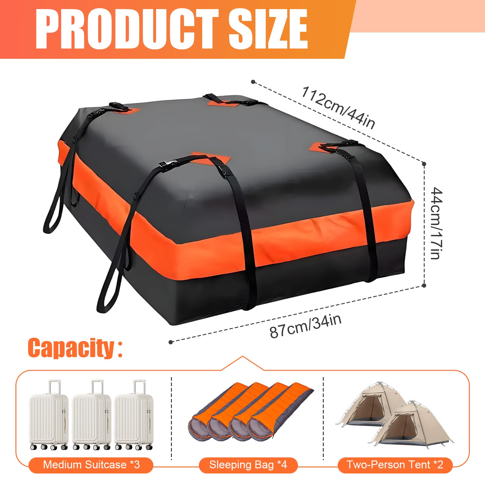 Torba na bagażnik dachowy 425L, wodoszczelna, nylon 420D, 112×87×44 cm, z 6 pasami, matą antypoślizgową, osłoną przeciwdeszczową i zabezpieczeniem przed kradzieżą, składana, do samochodu, SUV-a i
