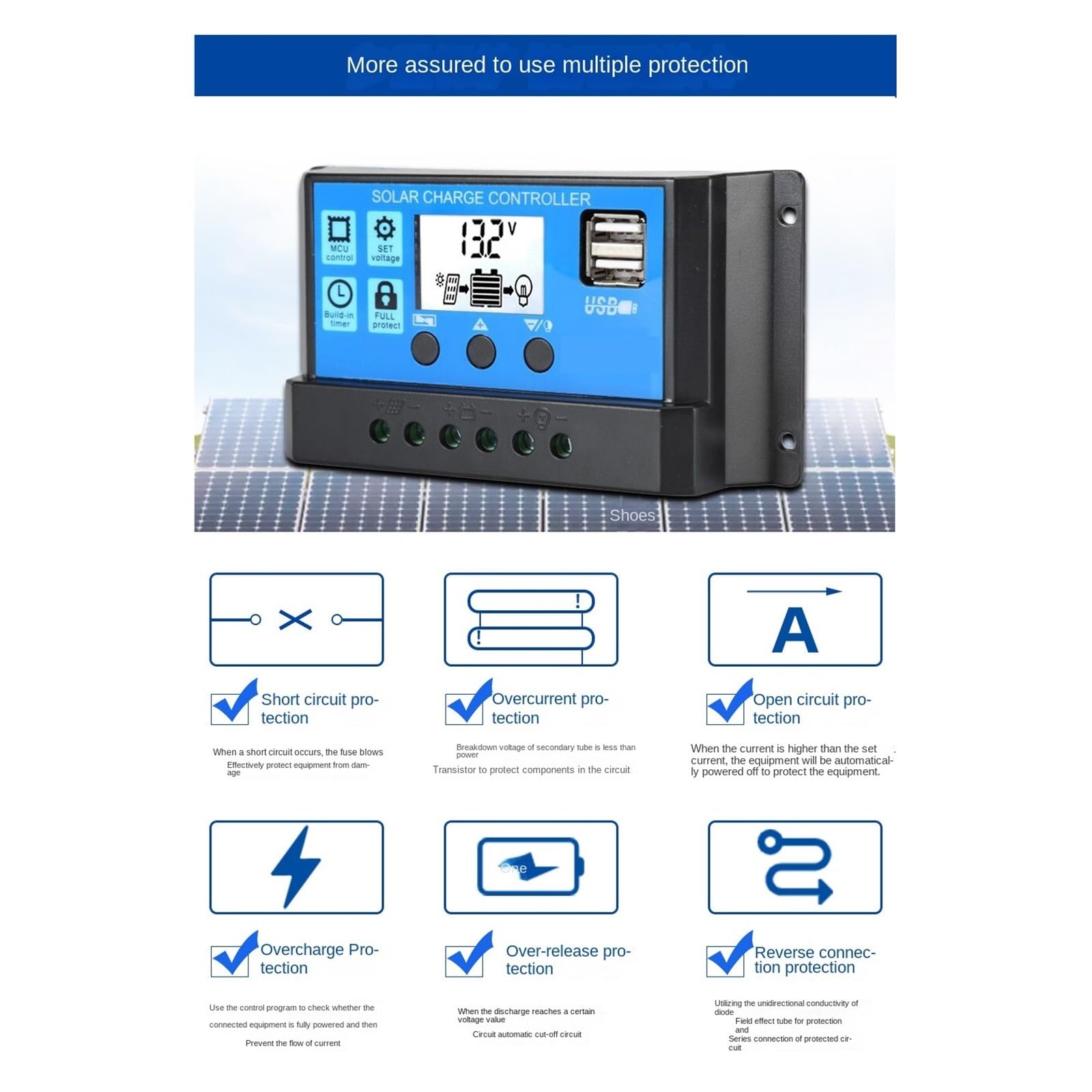 Regolatore Solare 12V/24V 60A 50A 40A 30A 20A 10A PWM Caricabatteria Display LCD Doppia Uscita USB 5V(60A)