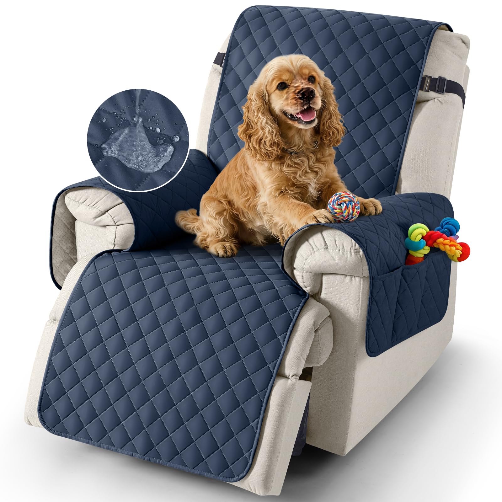 TAOCOCO Recliner Slipcovers,100% Waterproof Recliner Covers,Armchair Covers with Pockets,1 Seater Armchair Slipcovers,Non Slip Reclining Sofa Covers Arm Chair Covers for Pets(Dark Blue)