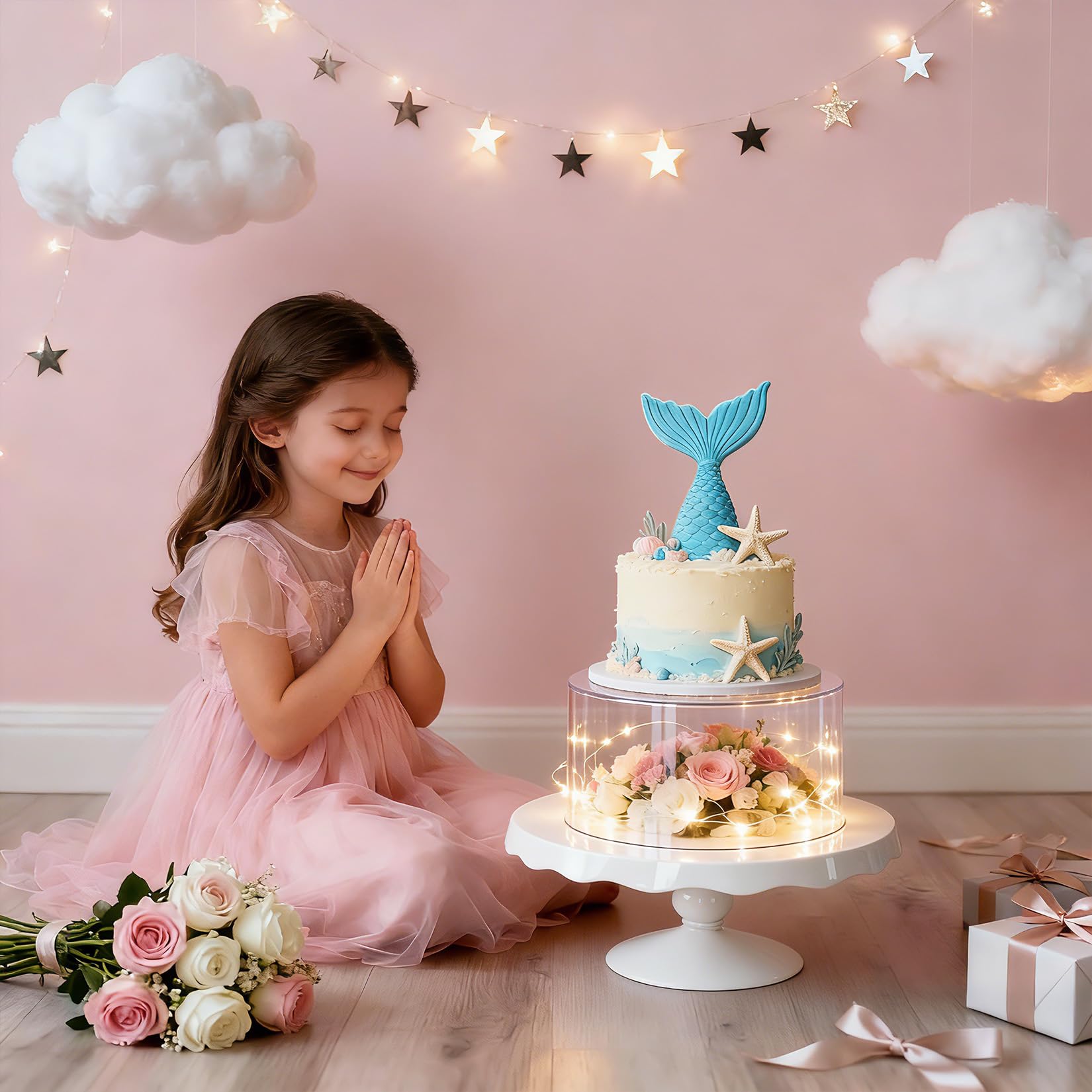 Garvee Alzata per torte in acrilico trasparente con luci a LED, 15,2/20/25,4 cm, rotonda, riempibile, con etichette, espositore da tavolo per dessert, per feste, matrimoni, compleanni
