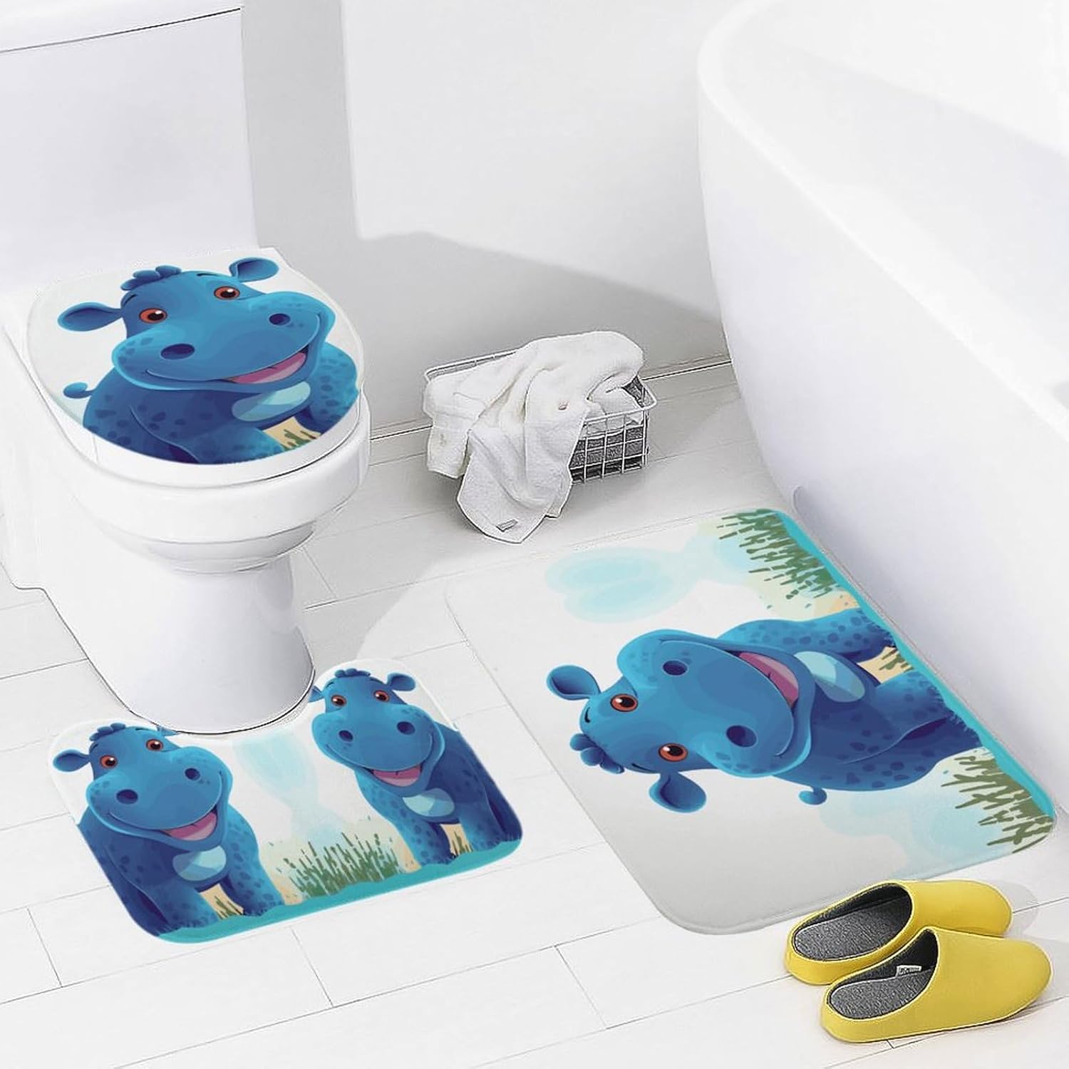 Anti-Skid Floor Mats 3 Piece Set,Cute Hippo Printed Coral Fleece Bathroom Mats U-Shaped Contour Mat Toilet Seat Cover for Bathroom, Tub, Shower, Kitchen 19.7"x31.5"
