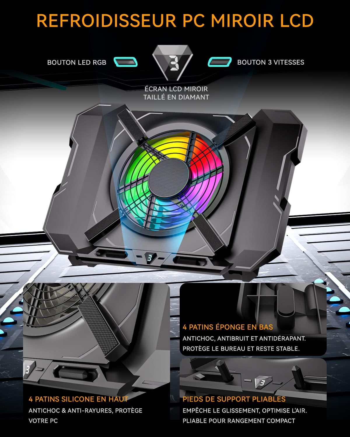Refroidisseur PC Portable, Support Ventilé Gaming avec Puissant Ventilateur 7,1 Pouces, Lumières RGB & Contrôle à 3 Vitesses & Écran LCD, Support Réglable en Hauteur pour Ordinateurs 12"-21"