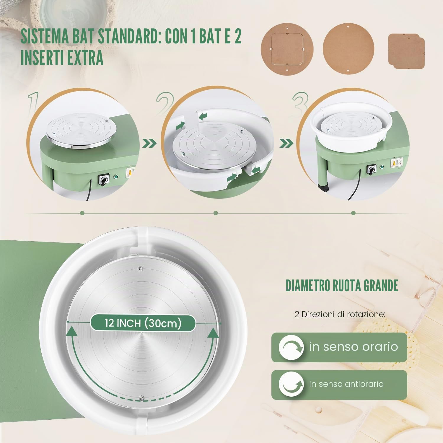 Huanyu 30cm tornio per Ceramica con Sistema a Pipistrello 350W tornio Elettrico per Adulti e Principianti tornio Professionale per ceramisti con Kit di Strumenti per Ceramica (Verde)