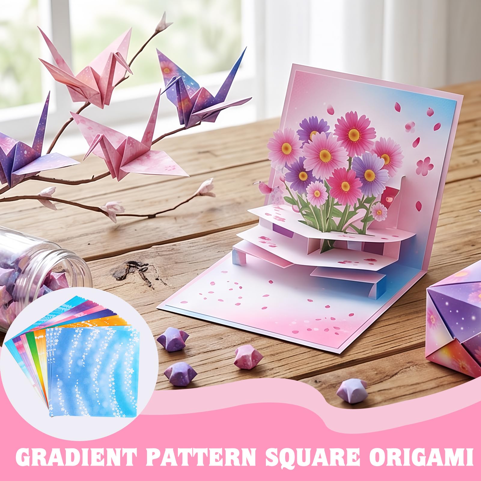 Origami Papier 100 Blatt 15x15 cm – Doppelseitiges farbiges Faltpapier mit 12 Mustern (Sterne, Blumen, Herzen) – Für Basteln, Dekoration, Scrapbooking – Umweltfreundlich