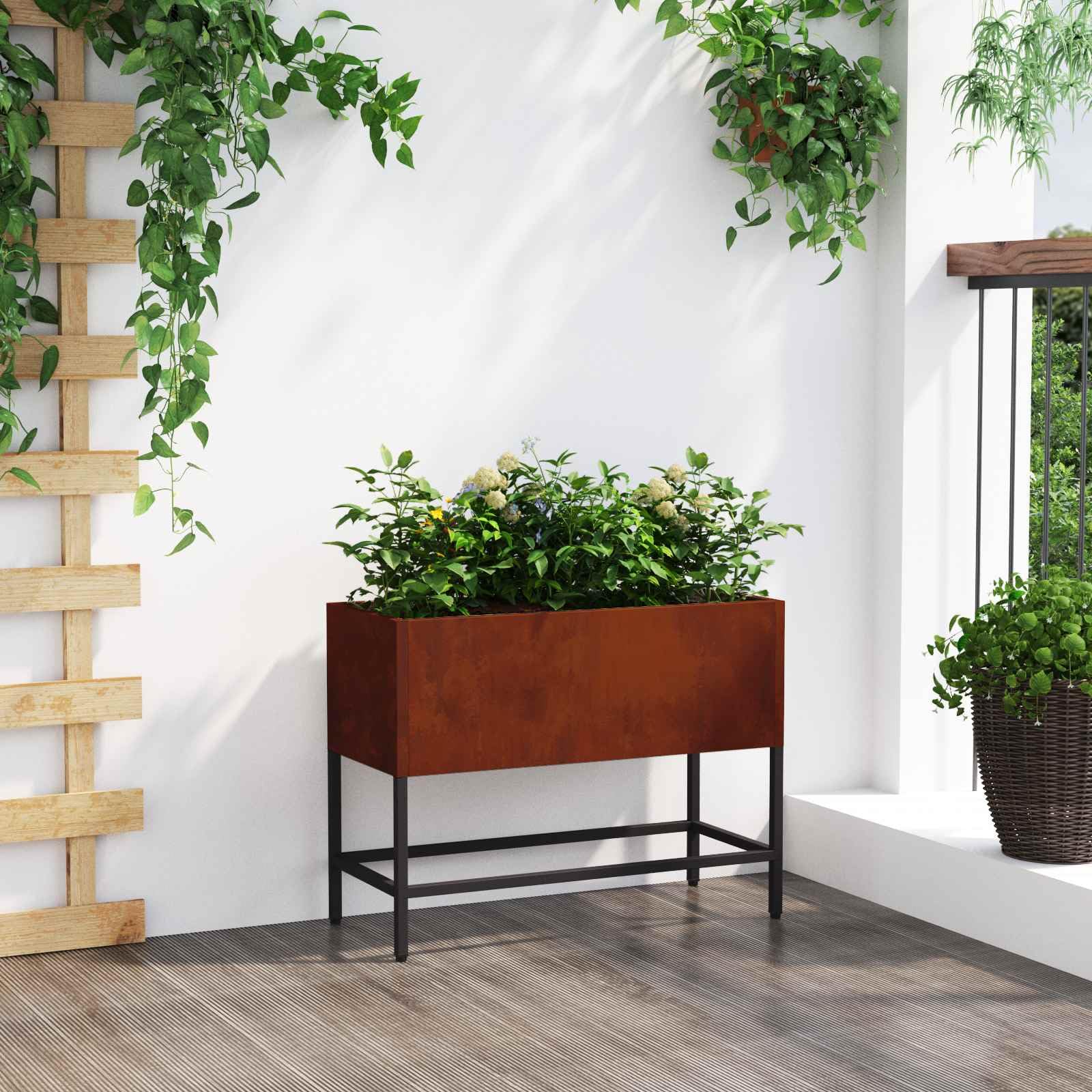 Podwyższona doniczka ogrodowa Rdzawy 60 x 26 x 45 cm, prostokątna metalowa donica na kwiaty zewnętrzna, odporna na UV i warunki atmosferyczne, nowoczesny design do ogrodu tarasu montaż i czyszczenie