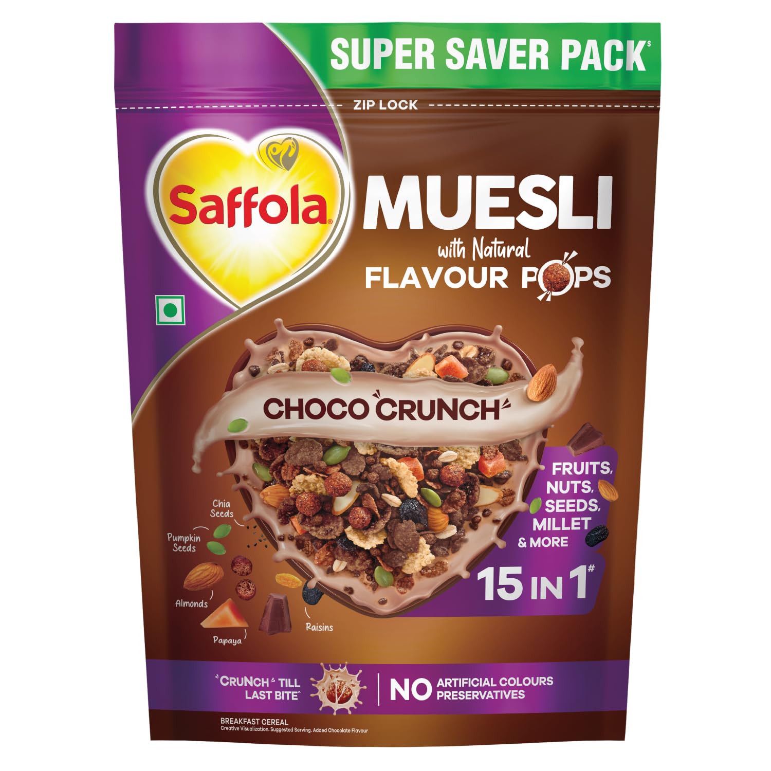 Saffola Muesli Choco Crunch with Flavour Pops, 700 gm | 15 in 1 Fruit and Nuts, Seeds, Millet & more | Cereals for breakfast rich in wholegrain, protein, fibre
