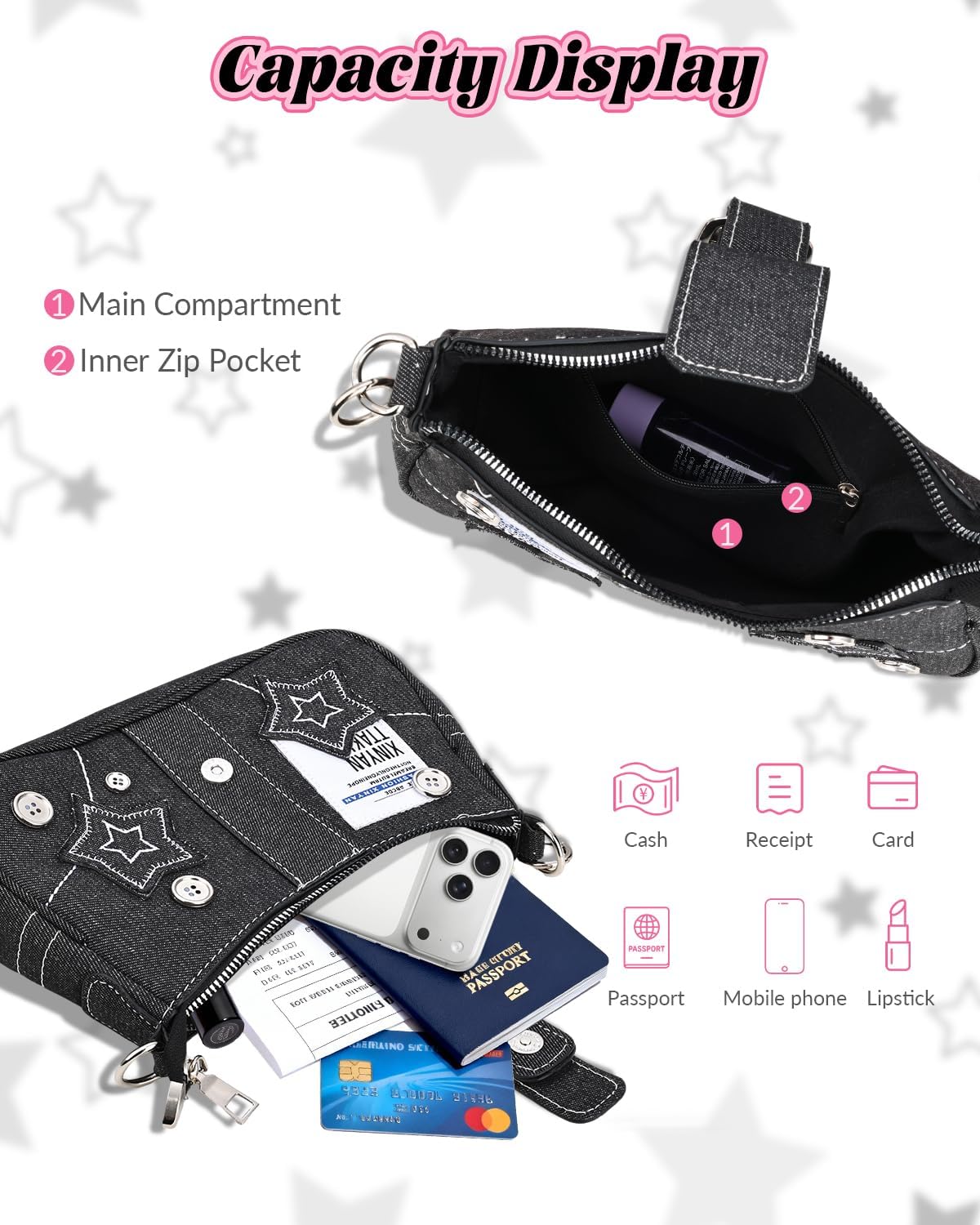 Y2k Canvas Shoulder Bag for Women, Retro Trendy Star Embroidery Underarm Purse with Chain Strap, Cute Goth Style Mini Clutch Top Handle Bags, Designer Small Hobo Handbag | Y2k goth style, Star embroidery, Convertible carrying, Canvas Fabric, Ideal gift