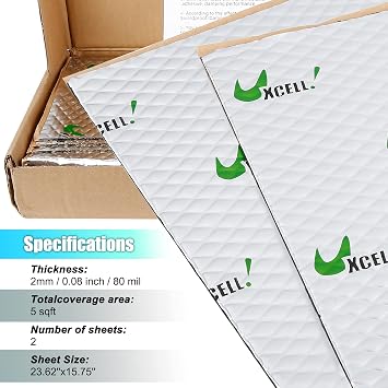 uxcell 2pcs 80mil 5sqft Sound Deadener Heat Insulation Mat Butyl pad | self adhesive deadening material, for Door Roof Floor Automobile sound barrier