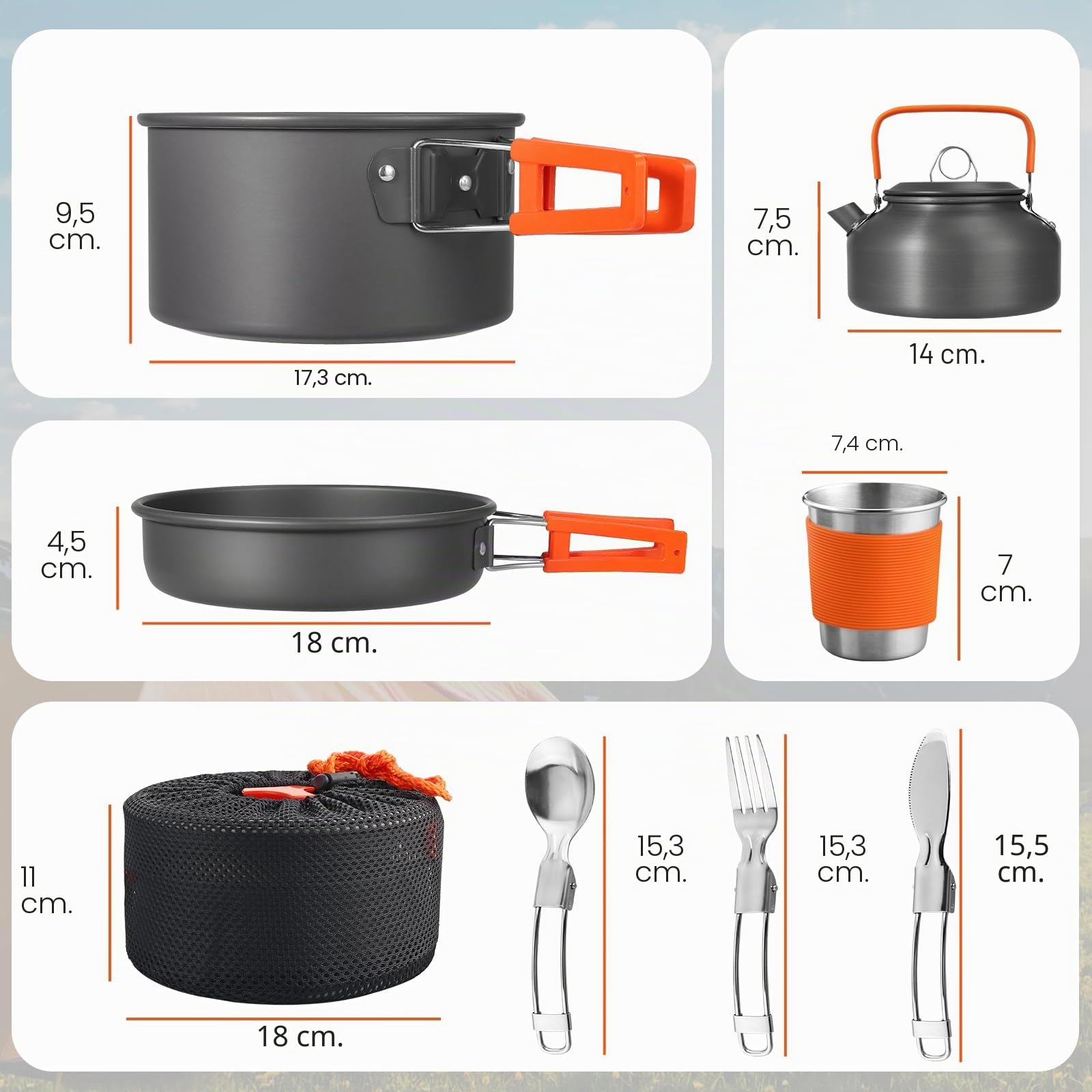 FUNYKICH 17PCS Utensilios Cocina Camping, Antiadherente Ligero Camping Ollas y Sartenes con Hervidor de Agua, Tazas de Acero Inoxidable, Tenedores Plegables Cuchillos Cucharas para Acampar