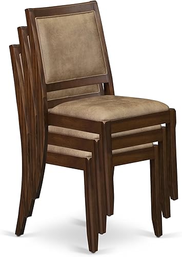 Miniatura 14 de X2P8T28 Silla de comedor con tejido de poliéster texturizado marrón y respaldo tapizado, acabado de nogal antiguo,