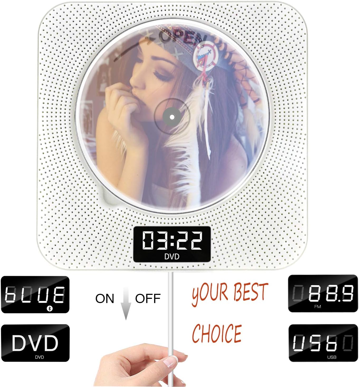 DVD Player with Bluetooth, Portable DVD CD Player Wall Mountable Dual Pull Switch Speakers with Full-HD 1080p, Remote Control &FM Radio& Timer& USB &AV HDMI Output and LCD Display White … (White)