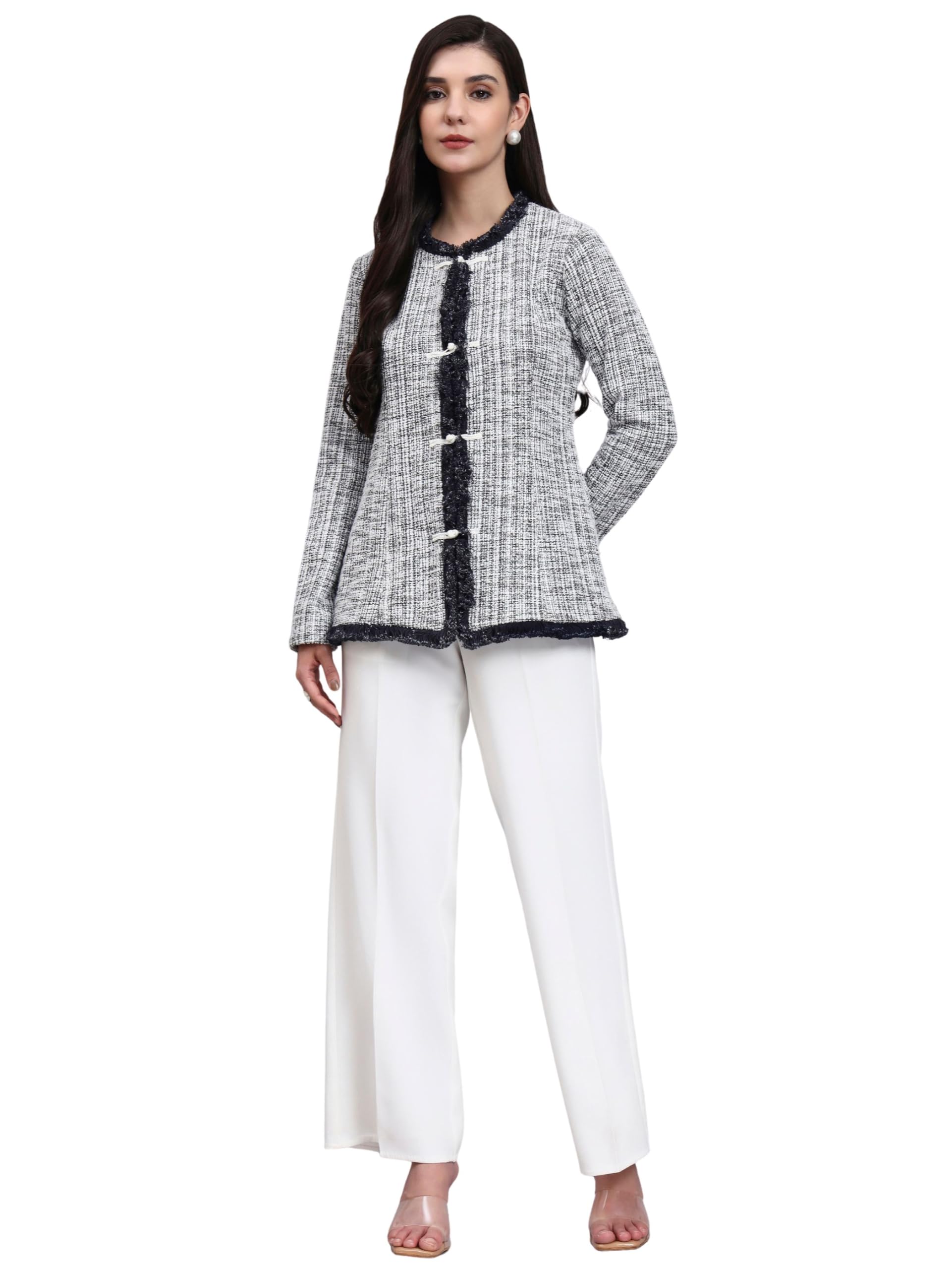 Black White Co-ord Set for Women | Formal Waistcoat & Trouser Set | Office Wear 2-Piece Round Neck Co-ord-image-2