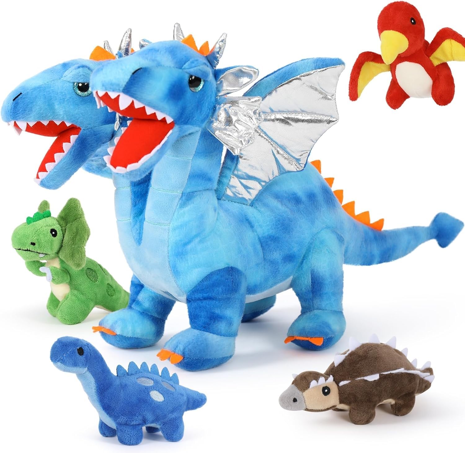 MorisMos XXL Peluche Dinosaurio Gigante con 2 Cabezas, 50cm Blau Mamá con 4 Kawaii Bebés Realistas Animales de Peluche Grandes Dragón Regalos para Niñas, Niños, Cumpleaños Navidad Decoración