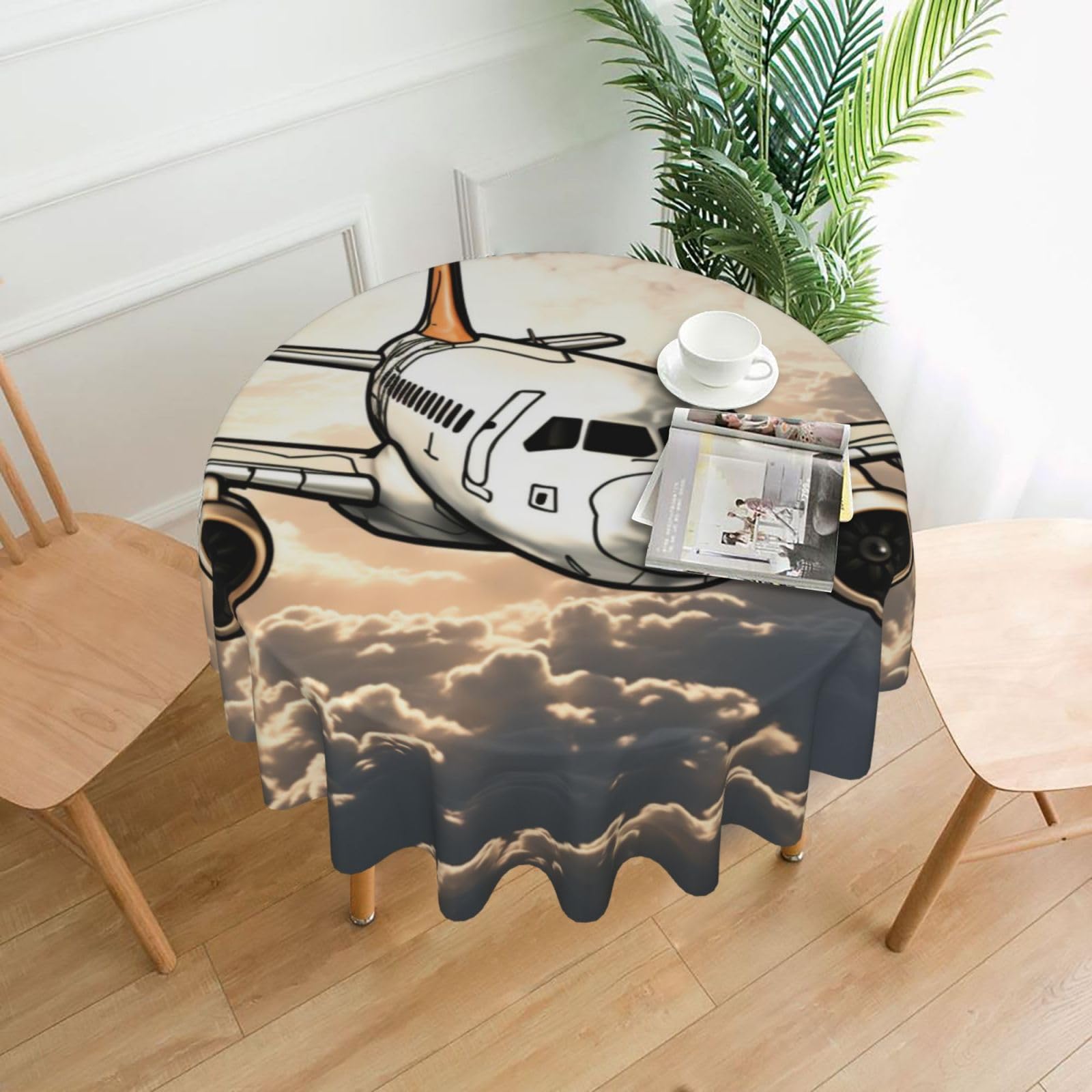 Fodpand Black Airplane Flying Tablecloths For Round Tables 60 Inches - Reusable And Washable Kitchen Table Clothes Decorative Table Cover For Dining Tables, Buffet Parties, Wrinkle Resistant