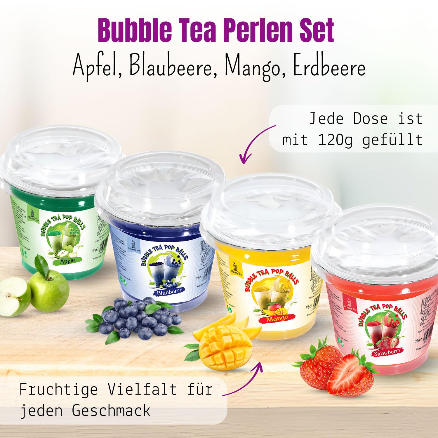 Momó's Tea® Bubble Tea Perlen Set - 4er-Pack [Blaubeeren, Erdbeeren, Mango,Litschi] - 100% vegan, halal, glutenfrei
