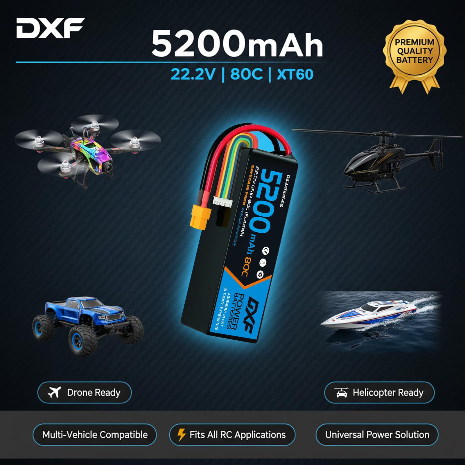 DXF batería LIPO 6S de 22.2V Battery con 5200 mAh y 80 C, 2paquetes con Conector XT60 para Drones, multicópteros, Aviones RC, helicópteros RC, Coche RC, Barco RC- Potencia y duración inigualable
