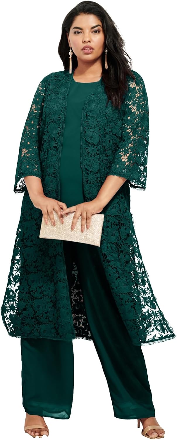 Roaman's Women's Plus Size Three-Piece Lace Duster & Pant Suit