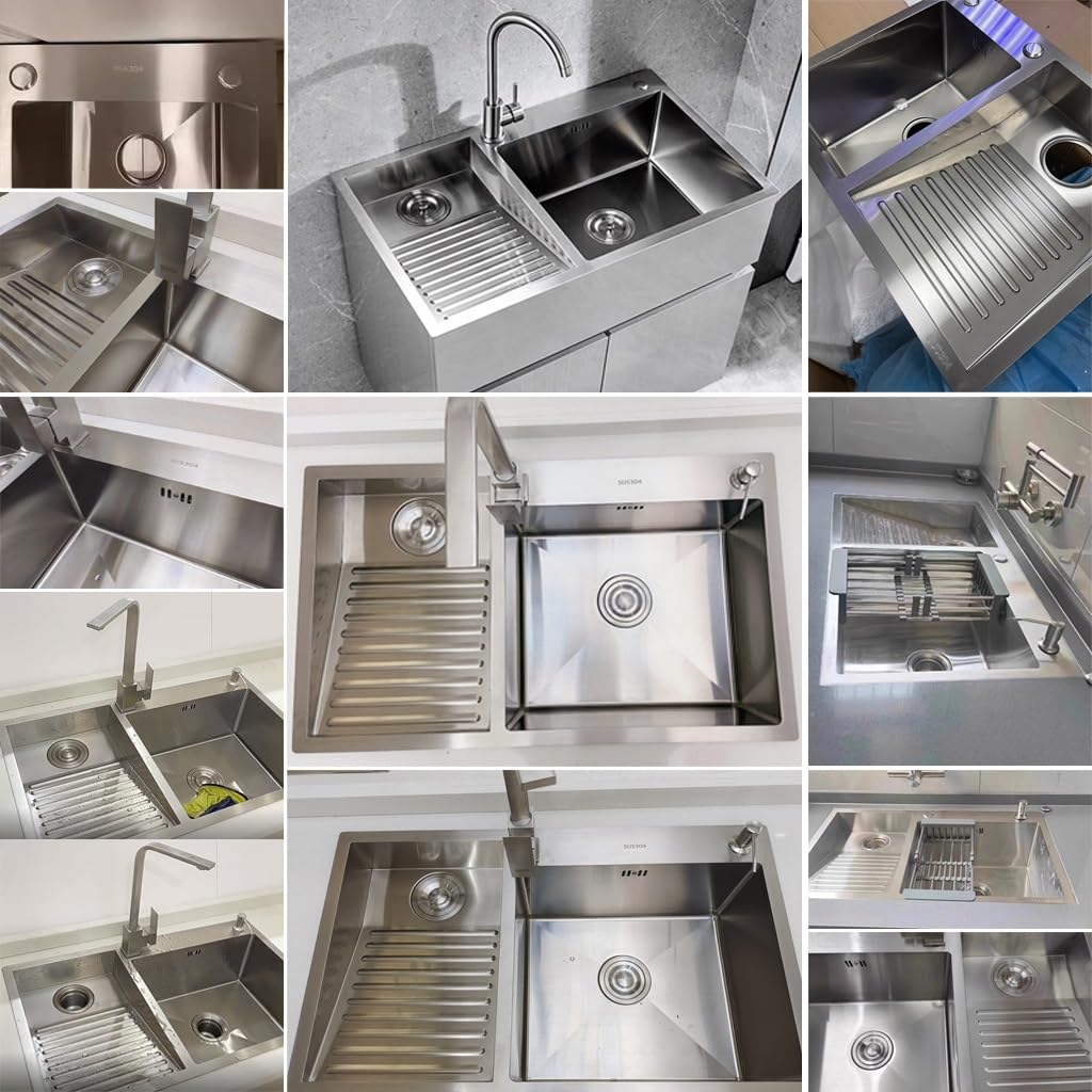Wielofunkcyjny zlewozmywak do pralni ze stali nierdzewnej 304 z deską do prania, kątowy kran i system drenażowy (kolor: Srebrny, Wymiary: 90 x 48 x 21 cm)