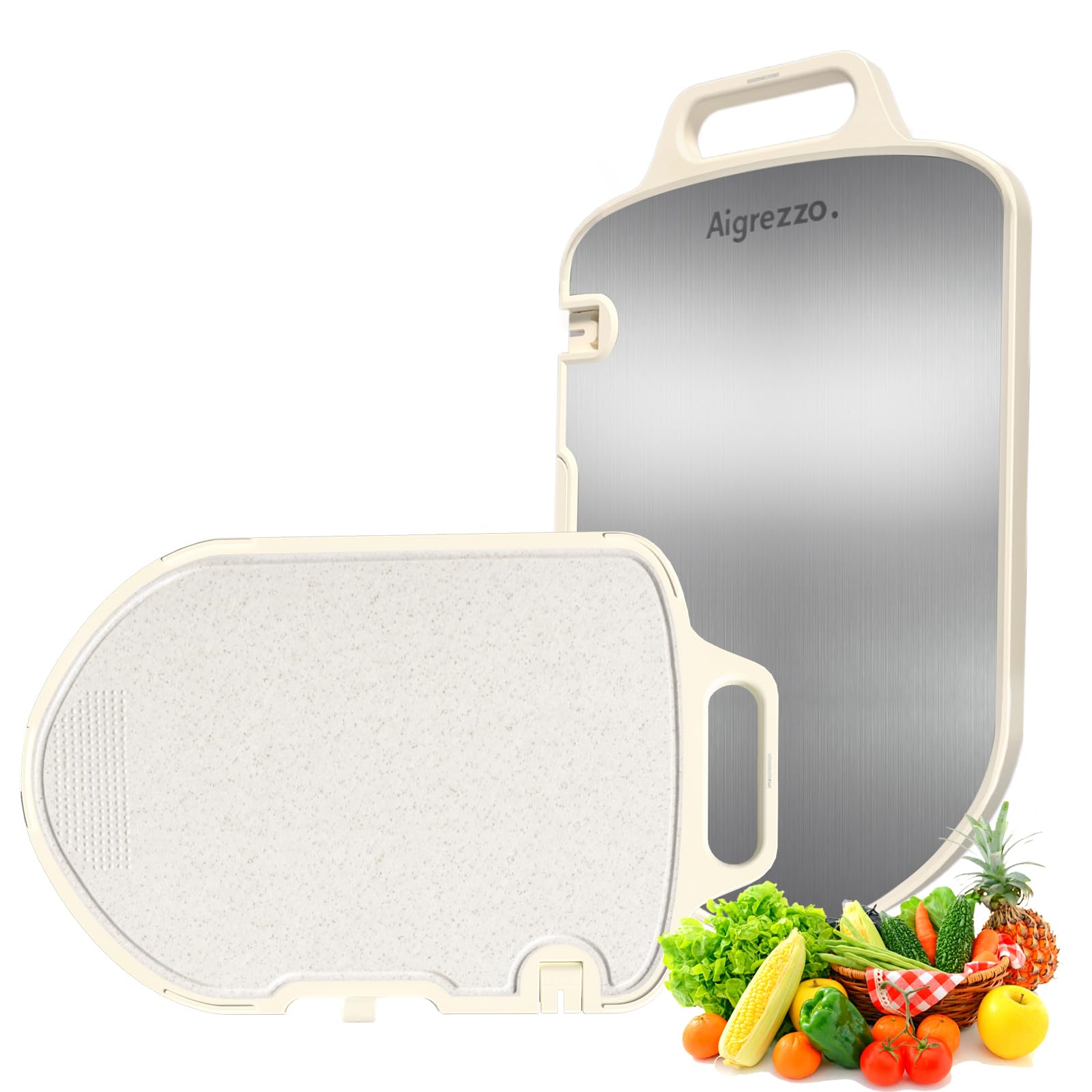 Aigrezzo Titanium Chopping Board, 16x11x0.9 inch Non-Slip Cutting Board with Knife Sharpener, Dual-Sided Titanium & Wheat Straw PP, Thick, Anti-Spill Edge, Dishwasher Safe, Sheild