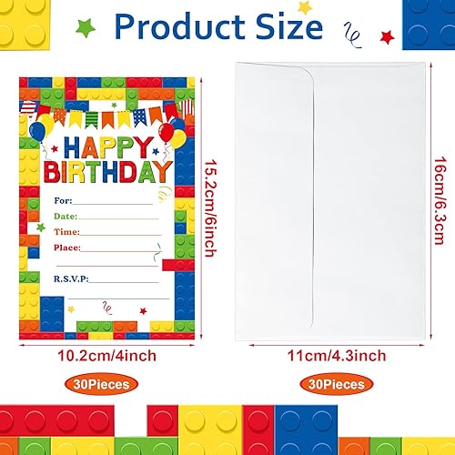 Miniatura 2 de Nezyo Paquete de 60 invitaciones para fiesta de cumpleaños con sobres, bloques de construcción coloridos a granel, invitación de fiesta, ladrillos