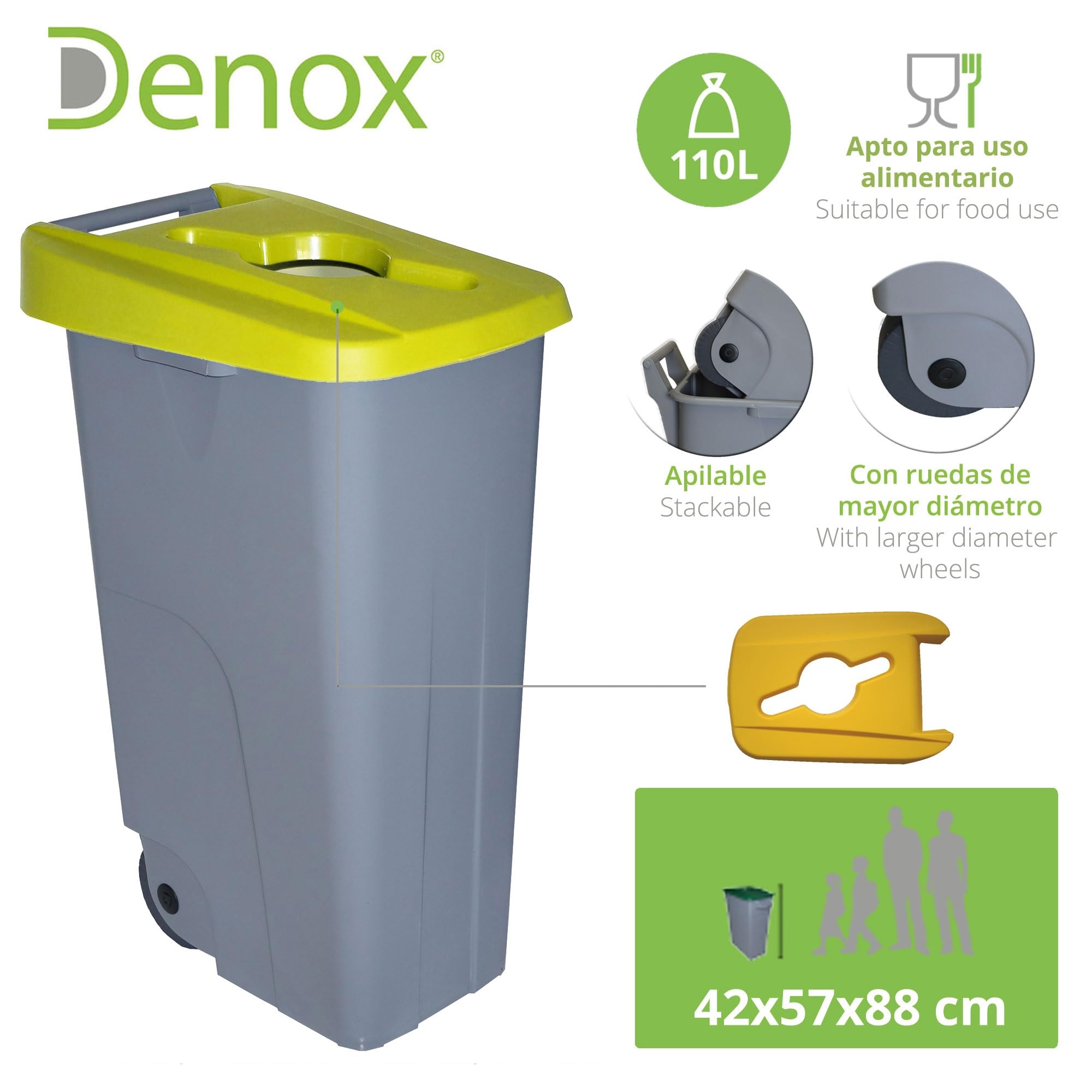Contenedor de Residuos Reciclo 110L Amarillo con Tapa Abierta y Ruedas – Plástico Resistente, Encajable, Asa Ergonómica, Ideal para Envases y Colectividades | Denox