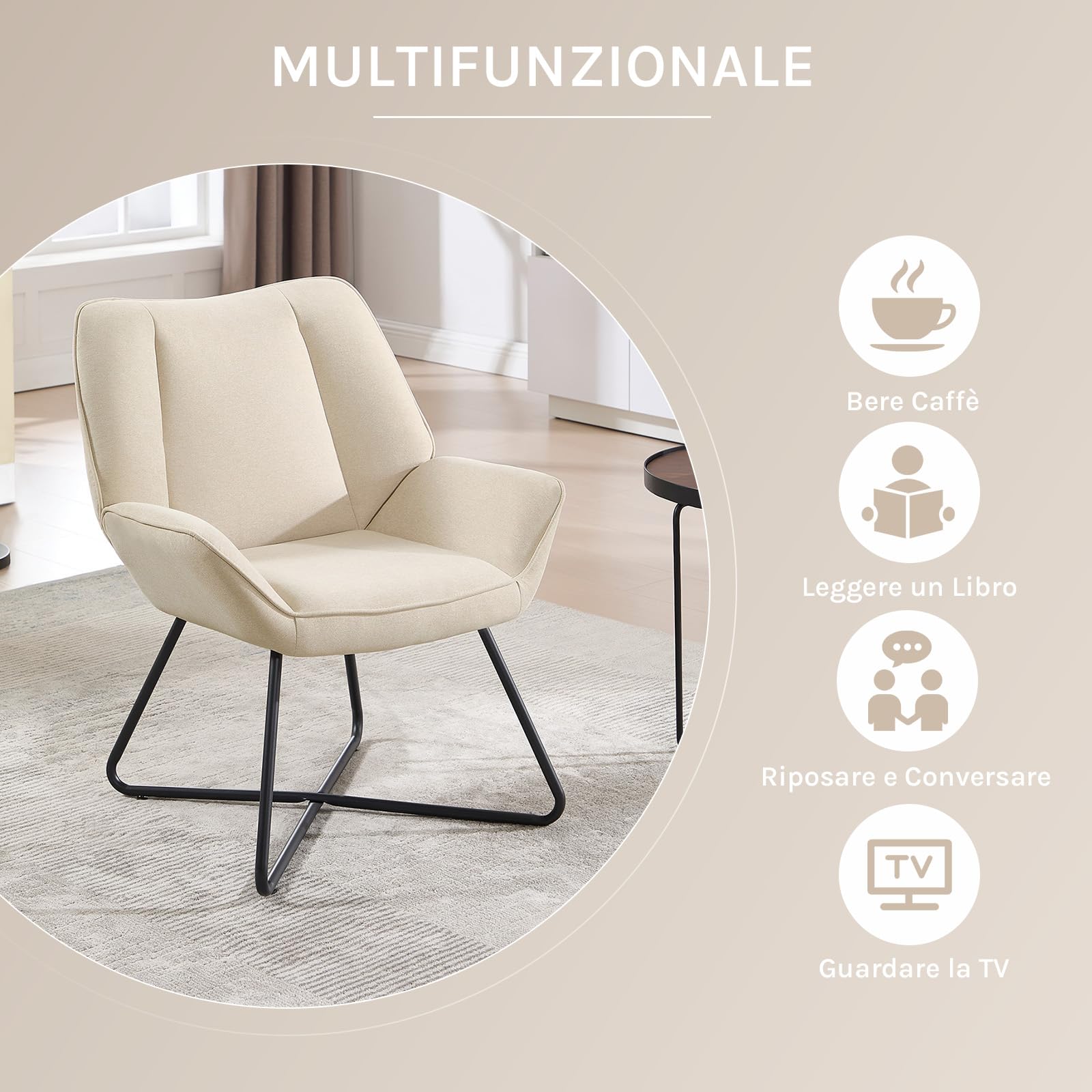WOLTU Poltroncina Camera da Letto, Poltrone Salotto, Beige | in Lino, con Gambe in Metallo, 70 x 71 x 85 cm, Portata 150 kg