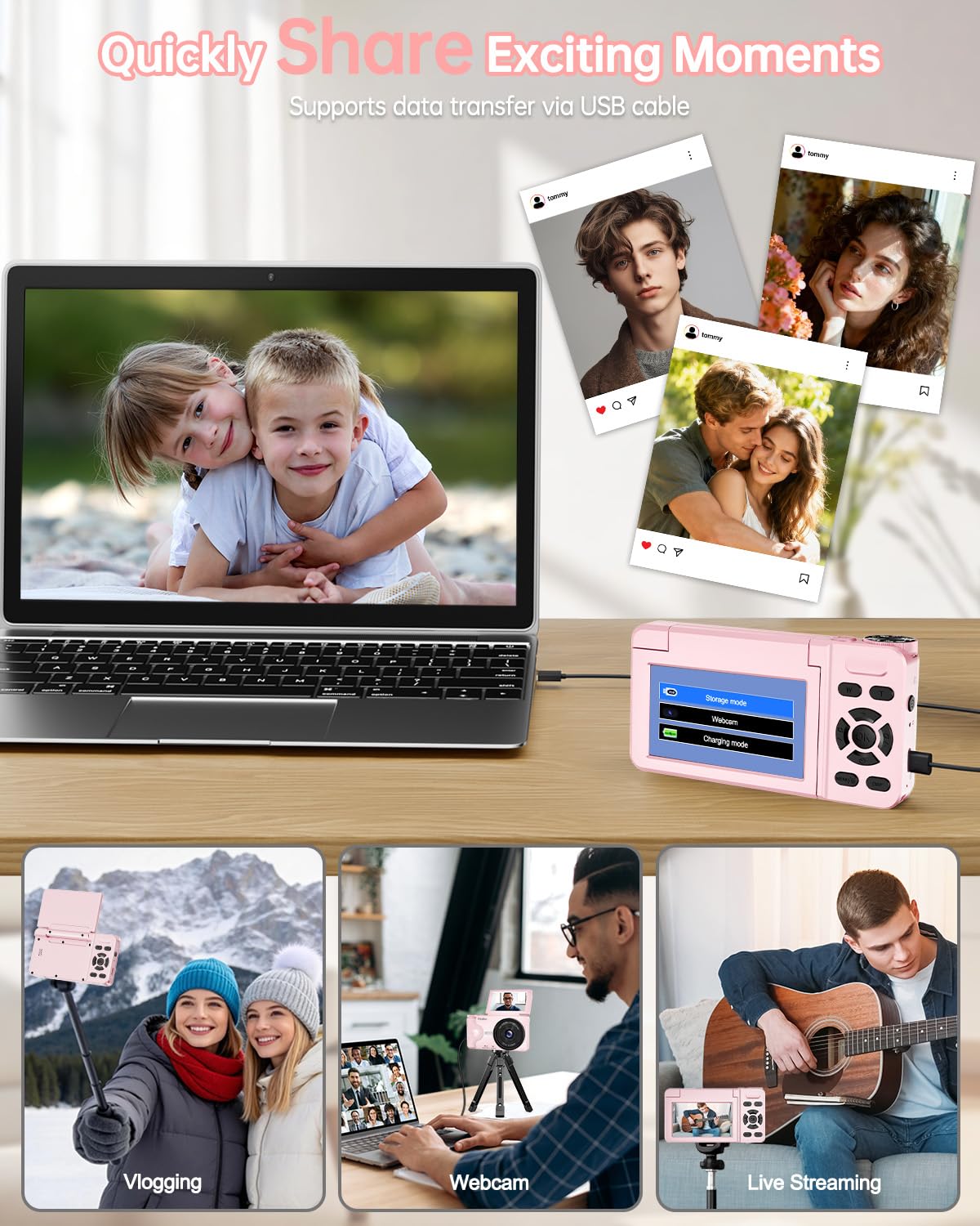 Fotocamera Digitale 4K Videocamera con Schermo 3" Rotante 180° per Vlog, Ponovo Macchina Fotografica Compatta 64MP Autofocus con Zoom Digitale 18X, 2000mAh Fotocamera Portatile 32GB per Studenti Festa
