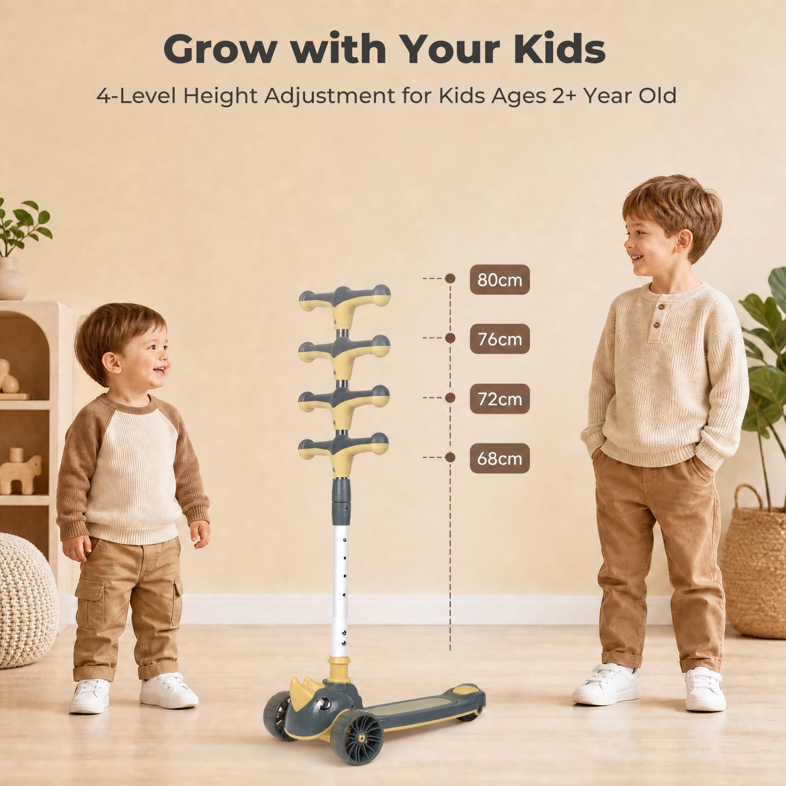 Trottinette 3 en 1 pour enfant avec barre de poussée, siège amovible et roues LED, hauteur réglable sur 3 niveaux, pour enfants de 1 à 8 ans, jusqu'à 50 kg