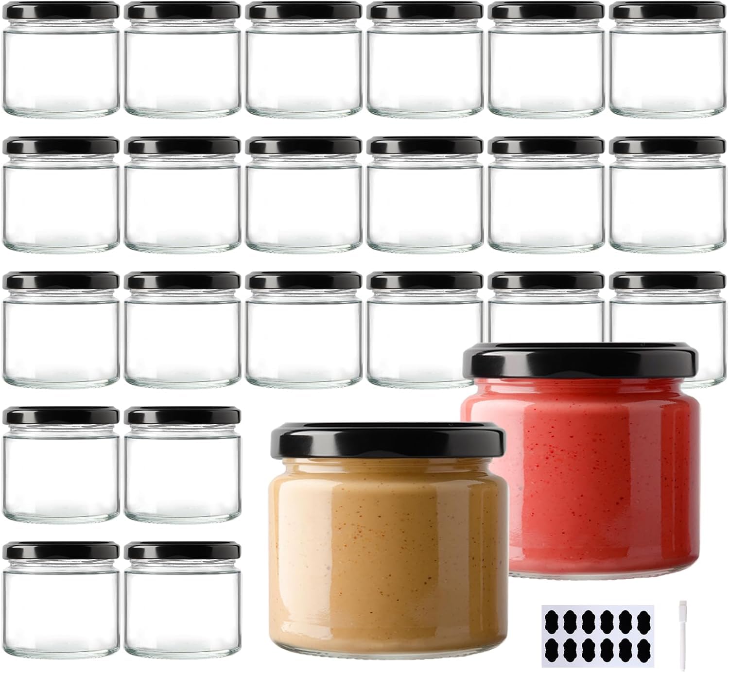 YBCPACK 24 vasetti in vetro da 150 ml con coperchio a vite – Barattoli per marmellata ermetici e riutilizzabili, resistenti alla lavastoviglie, con etichette e penna per marmellata, miele, ya