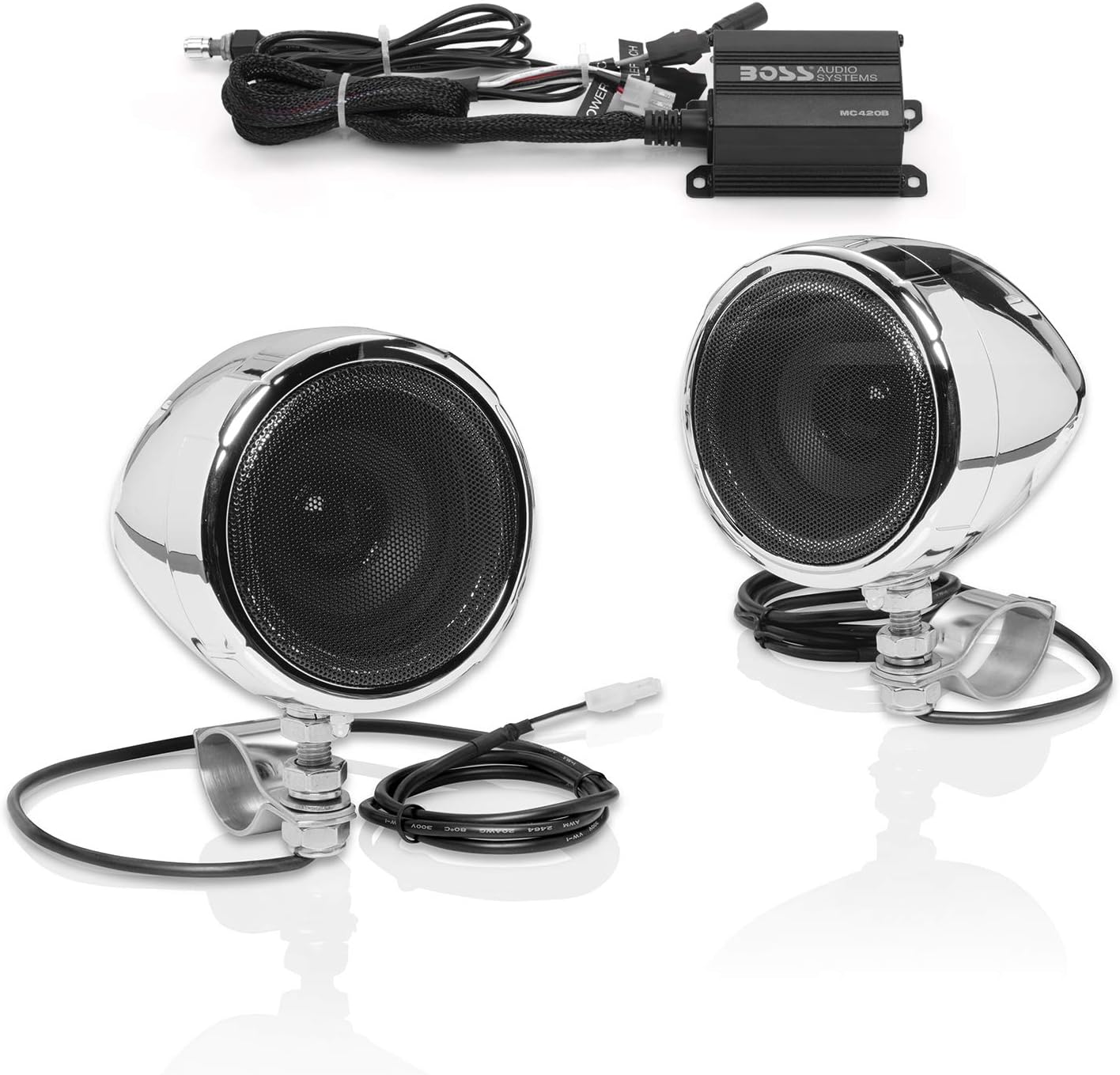 MC420B Motorcycle Speaker System – Class D Compact Amplifier, 3 Inch Weatherproof Speakers, Volume Control, Great for ATVs, Motorcycles and All 12 Volt Vehicles