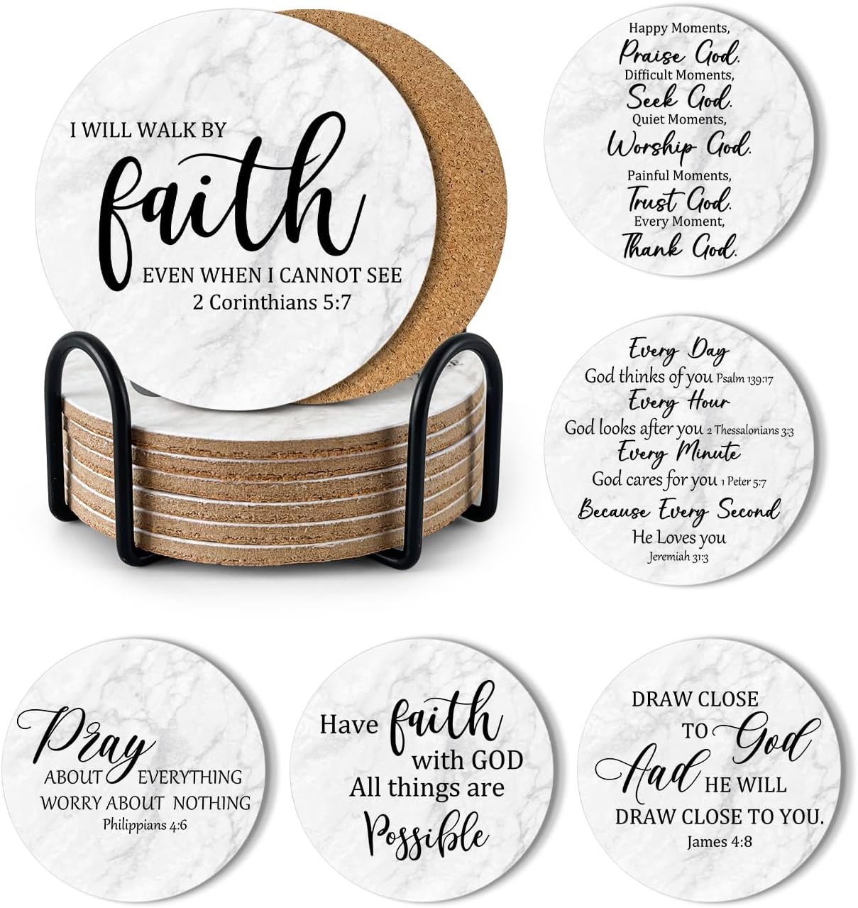 Set Di 8 Sottobicchieri In Ceramica Billbotk Con Versi Della Bibbia E Supporto: Assorbenti, Fondo In Sughero, 10 Cm