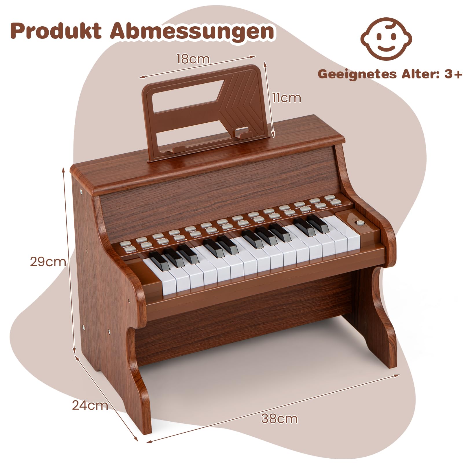GOPLUS Klavier Kinder, 25 Tasten Leuchttasten-Piano, elektrisches Holzklavier mit abnehmbarem Notenhalter, Lehrmodus, einstellbare Lautstärke, Musikinstrument für Kinder ab 3 Jahren (Braun)