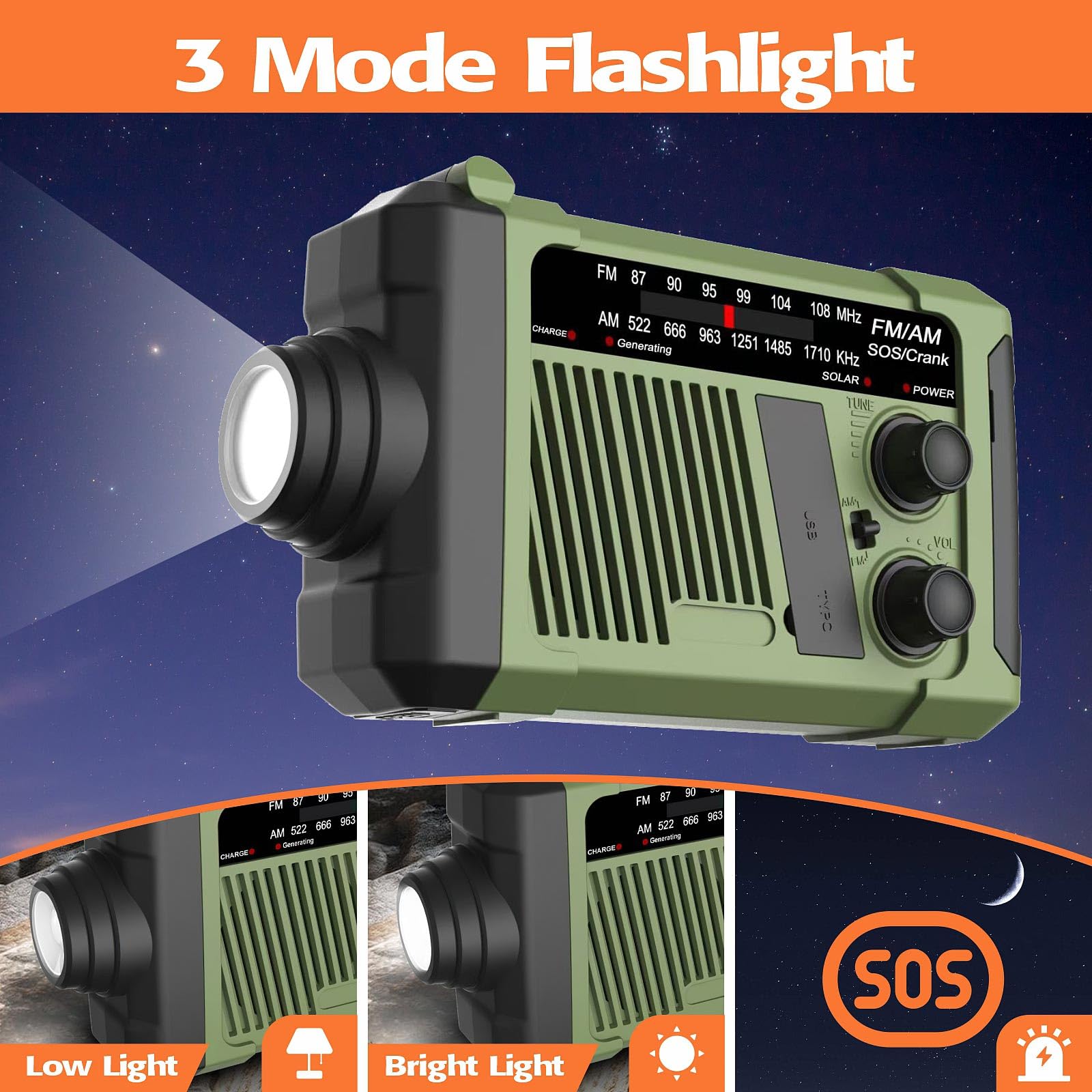 Radio de Emergencia Am/FM Radio Solar de grieta de Mano Alarma SOS operada por batería y Linterna de Emergencia (Verde)