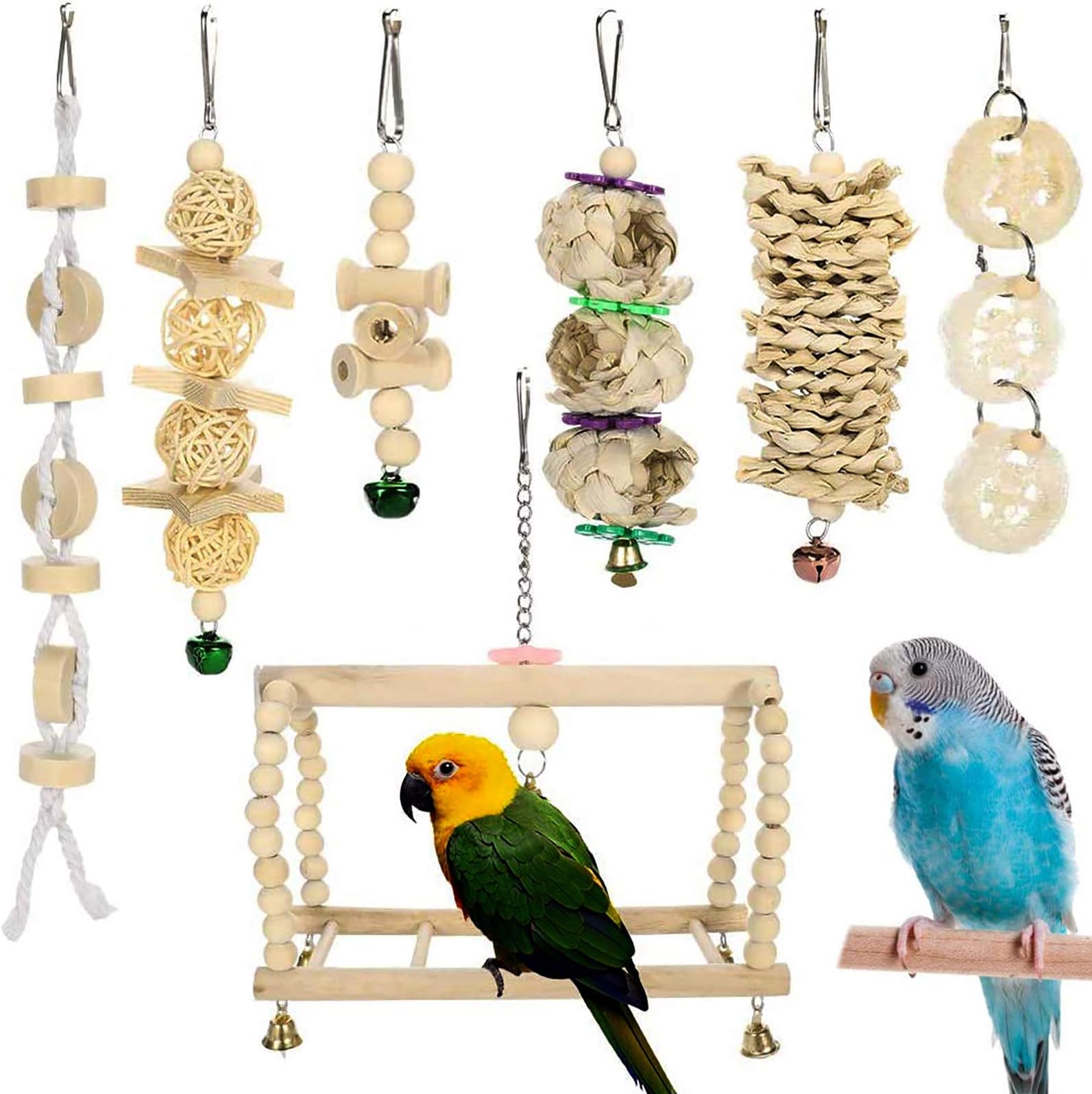 7 Pack Toy Natural Wood Small Bird Cage Toys & Swings for Budgies, Small Parakeets, Conures, Love Birds, Cockatiels, Finches